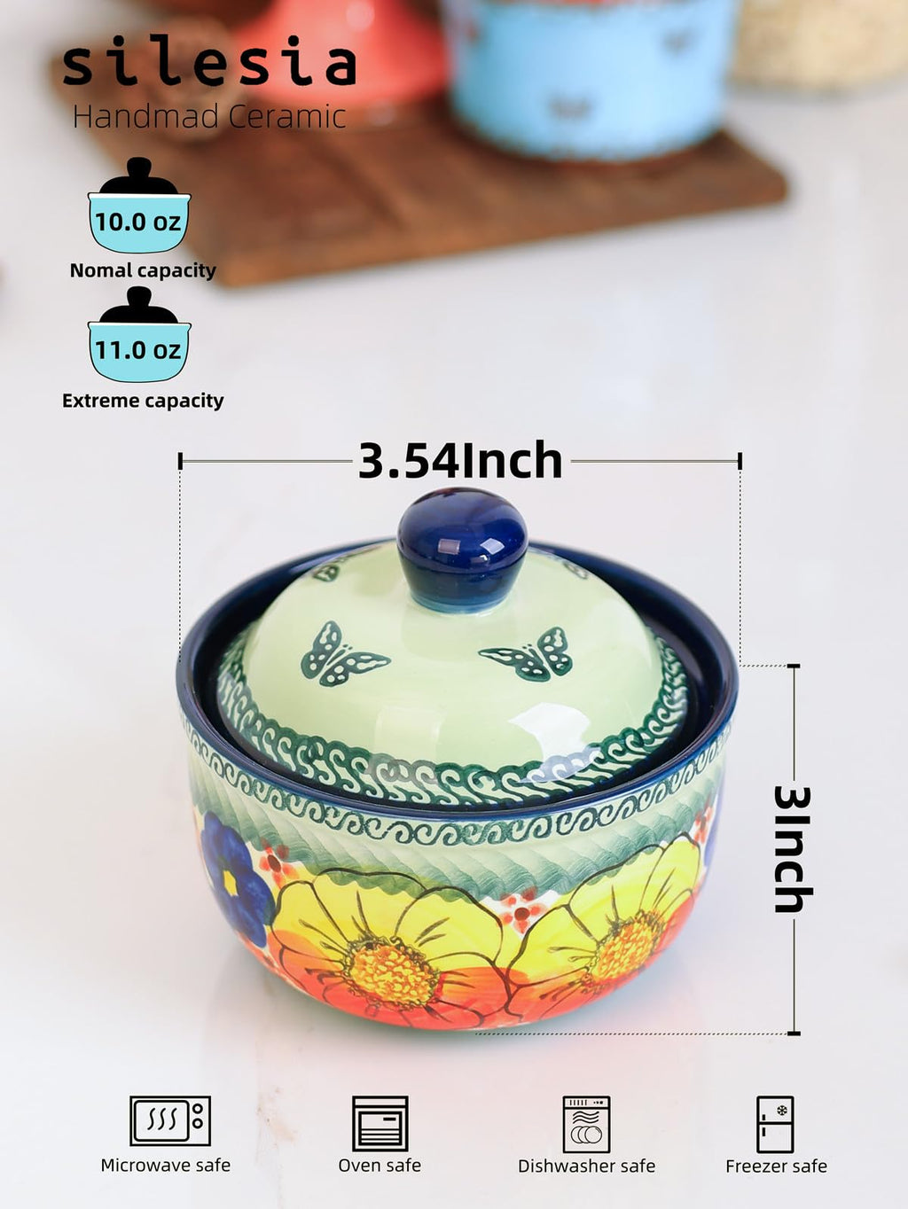 Handmade Sugar Bowl with Lid and Spoon, 10 Ounce Ceramic Hand-Painted Sugar Jar for Kitchen Oven, Dishwasher & Microwave Safe, Glazed