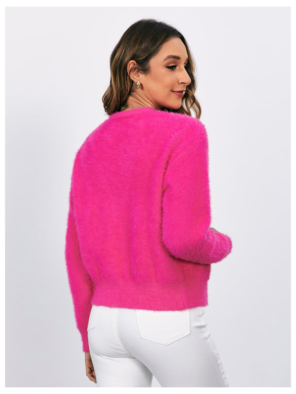 Women's Fuzzy Cardigan Sweater V Neck Button Down Long Sleeve Crop Cardigan Coat