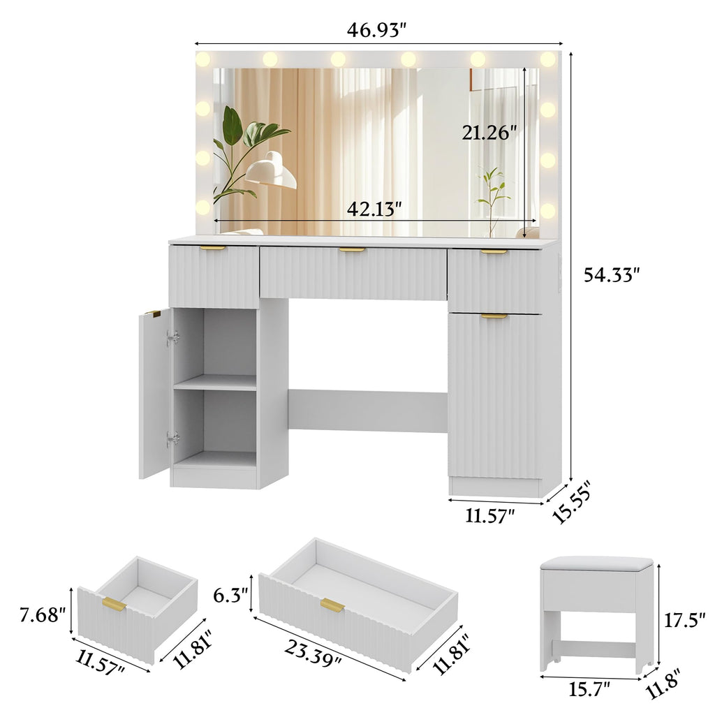 Makeup Vanity Desk with Mirror, Fluted Panel, Large LED Mirror, 3 Lighting Modes & Adjustable Brightness, Charging Station, Dressing Table with Stool