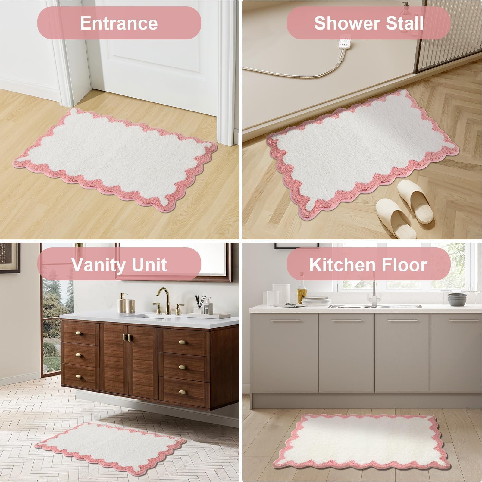 Cute Scalloped Bath Mat, Fun Plush Microfiber Scallop Bathroom Rugs Non Slip Washable Quick Dry Absorbent
