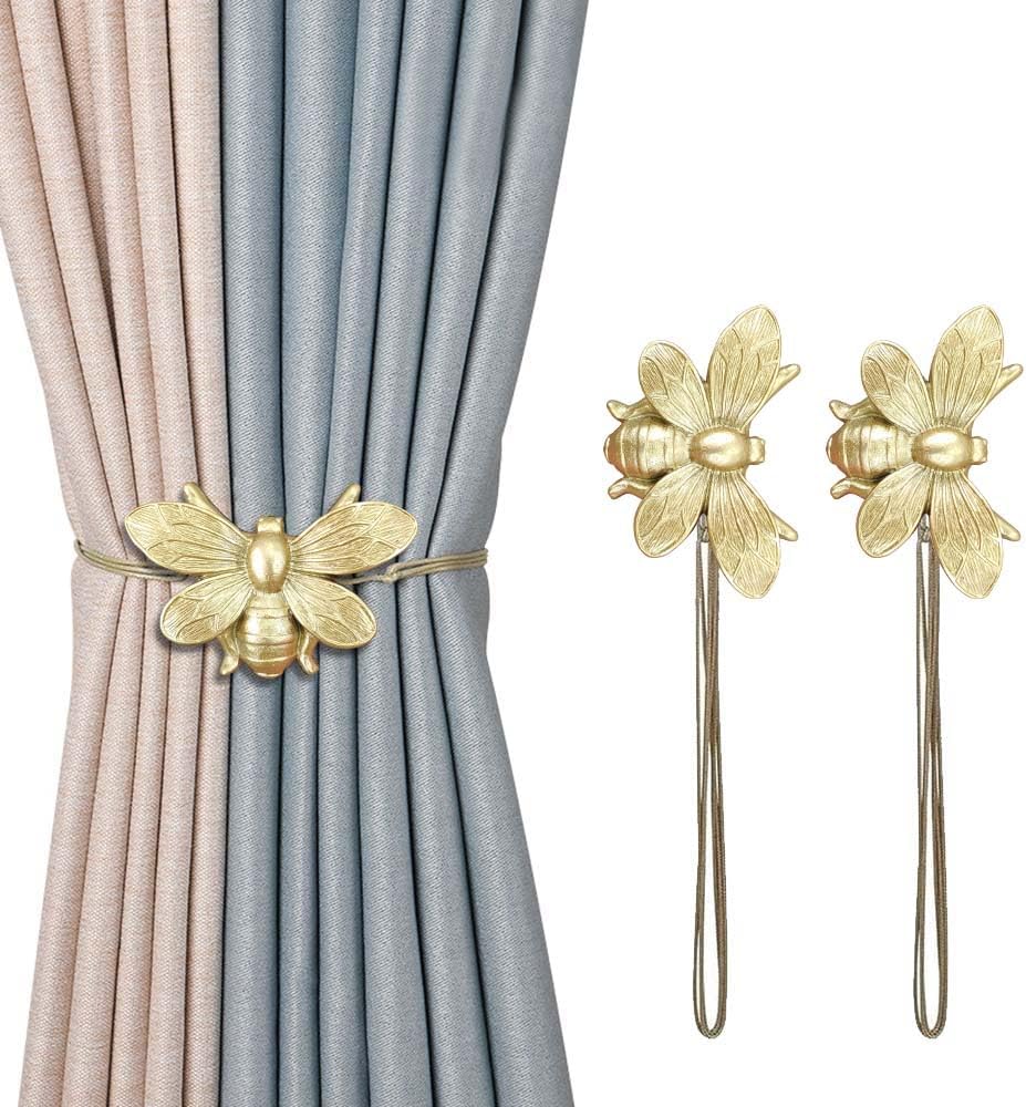 Set of 2 Resin Magnetic Curtain Tiebacks Golden Flying Bee Curtain Holders, Decorative Curtain Ties for Drapes