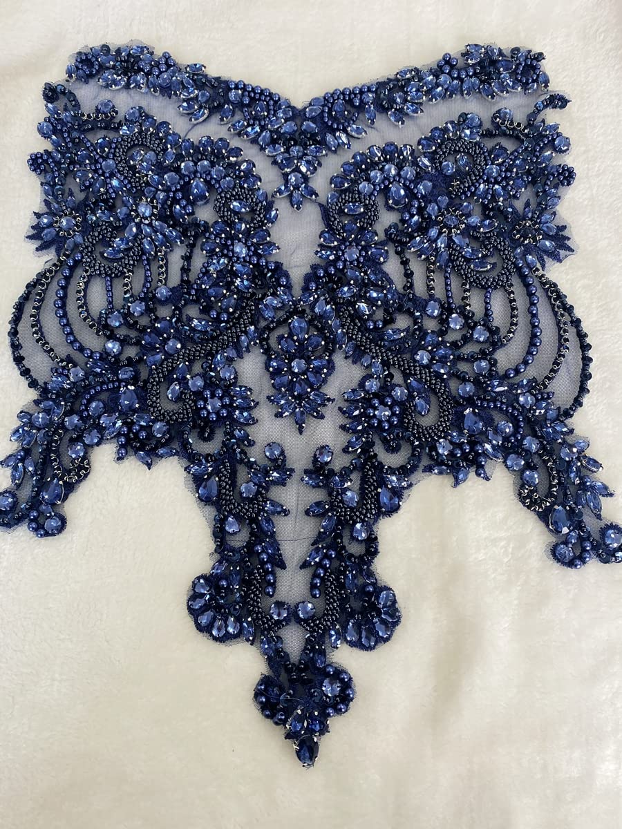 Handmade red/Blue/Gold/Green Rhinestones lace Bodice Applique Sewing Beads Crystal Trim Patches Accessory for Dress Clothes (Rose red)