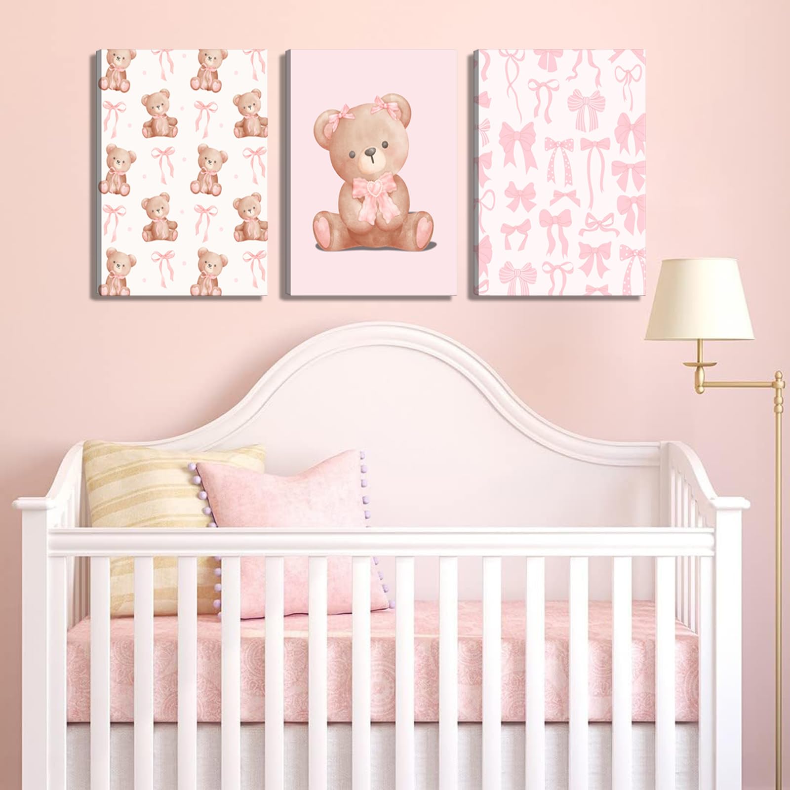 Pink Teddy Bear Wall Art Coquette Bow Wall Decor Pictures Cute Animal Nursery Canvas Posters Prints 3Pcs