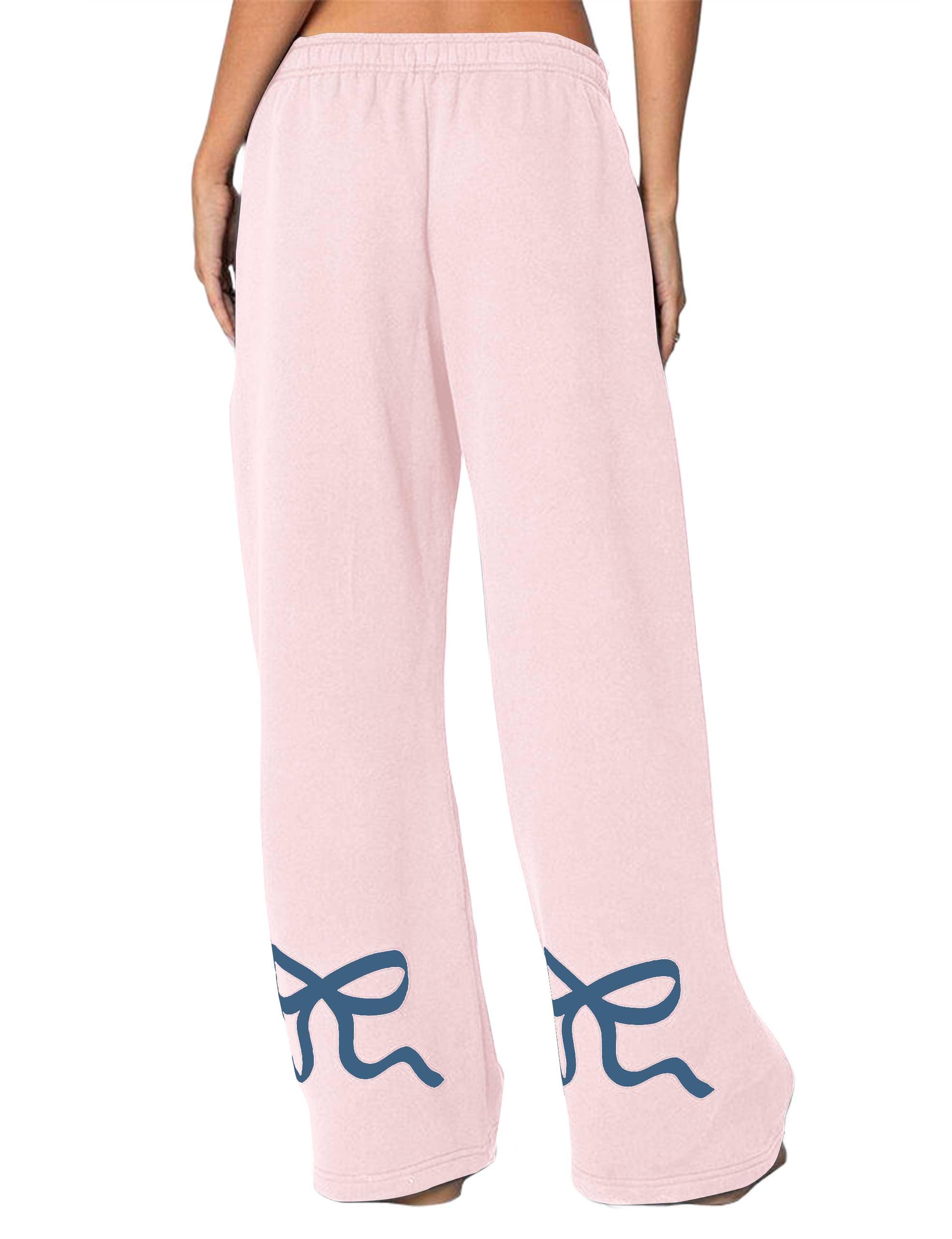 Women's Wide-Leg Sweatpants â€?Straight Leg, Graphic Bow Print, Elastic Waistband, Lounge Joggers with Pockets