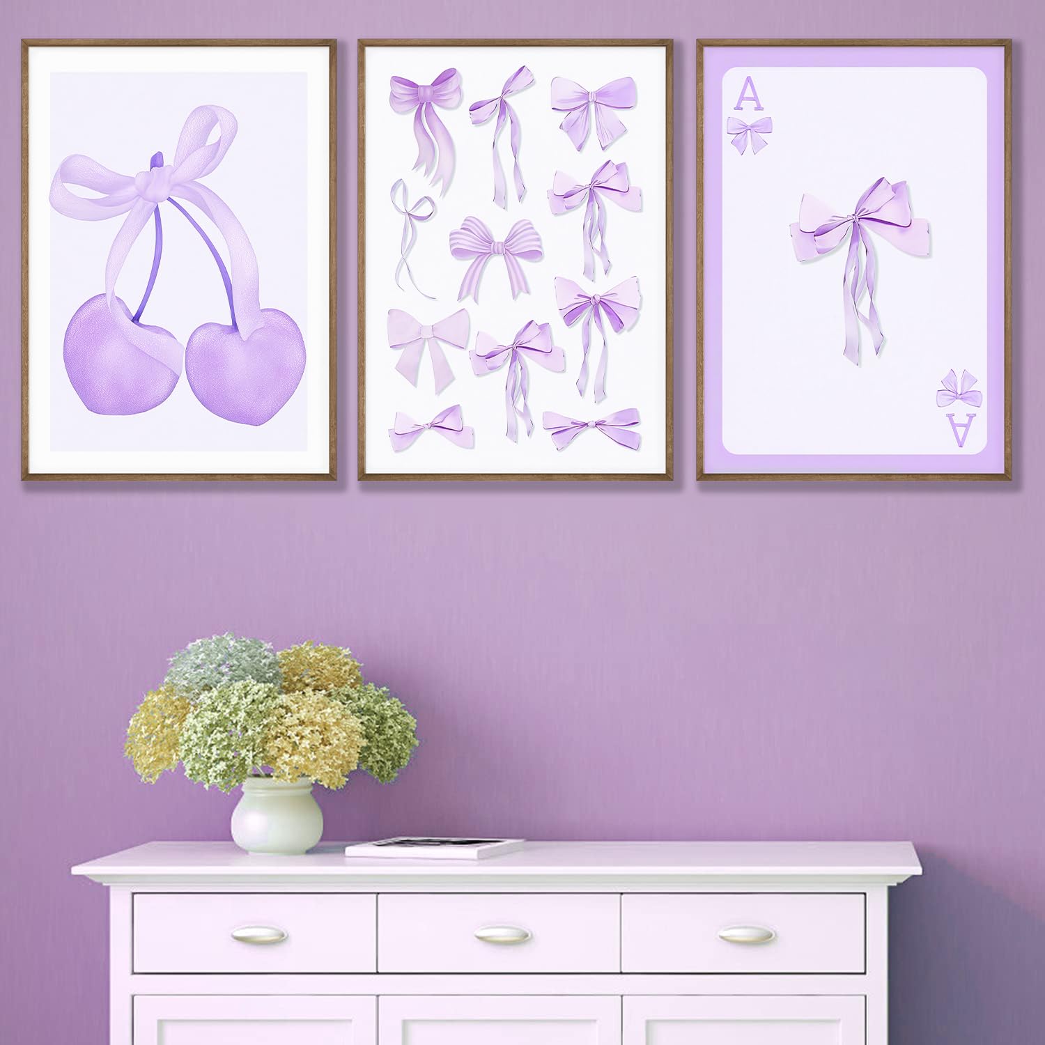 Purple Coquette Trendy Preppy Bows Cherry Wall Art Prints Set of 3 Watercolor Light Purple Poker Posters Wall Decor,  Unframed