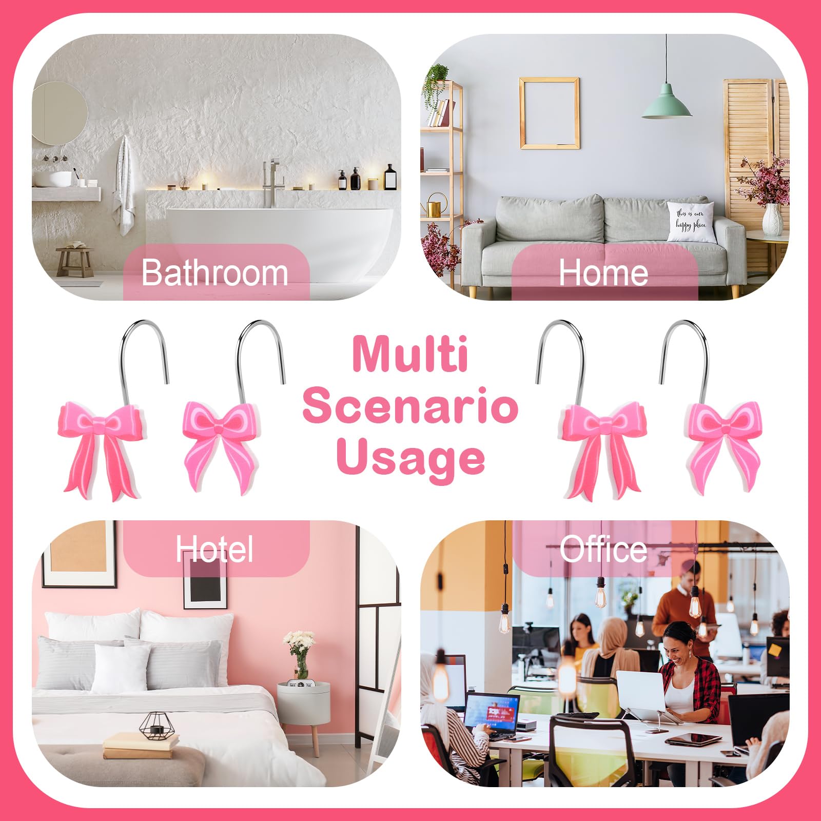 Pink Bow Shower Curtain Hooks Metal Rustproof Curtain Hangers