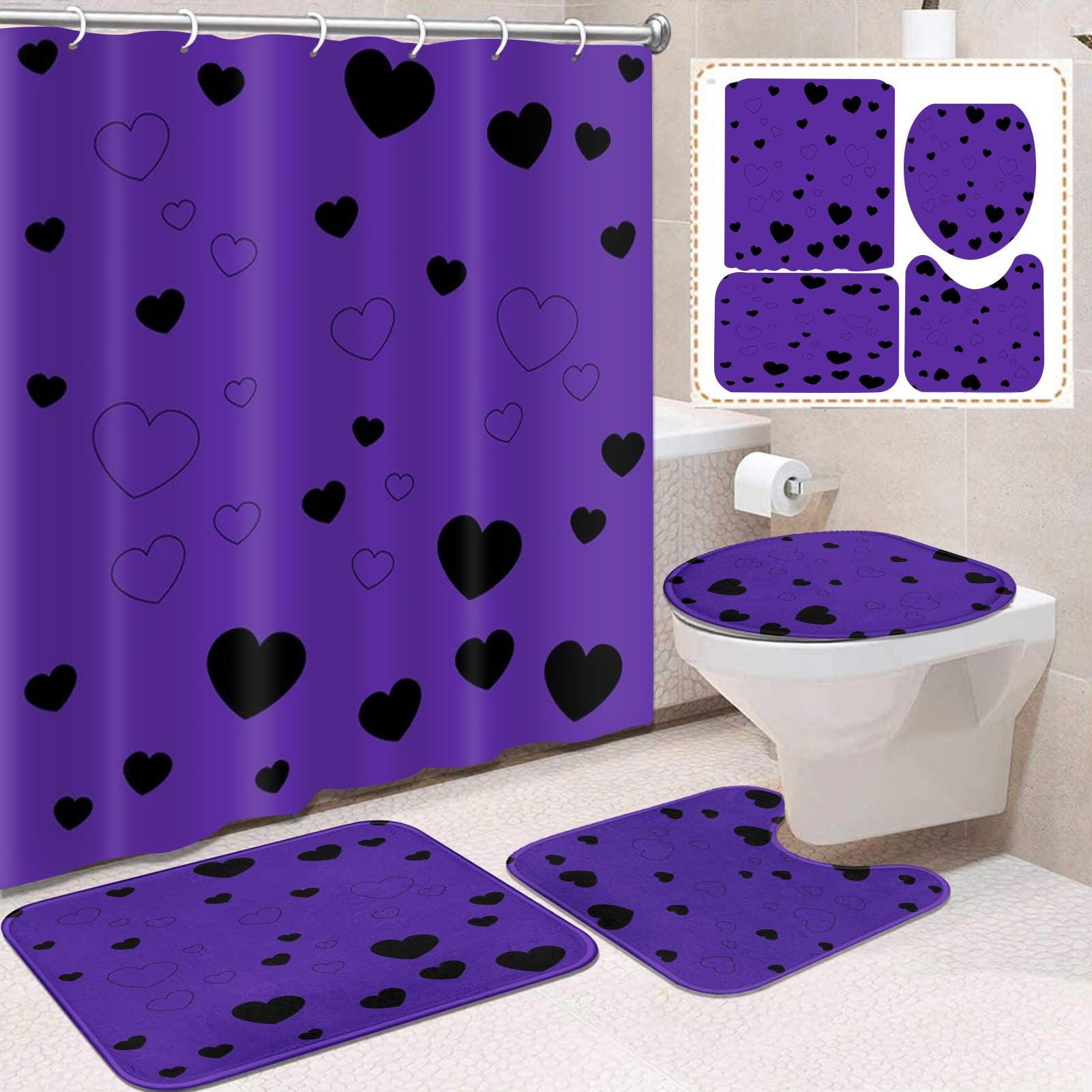Vintage 4 Pcs Bathroom Sets with Shower Curtain and Rugs, Shower Curtain Sets for Bathroom Decor with 12 Hooks