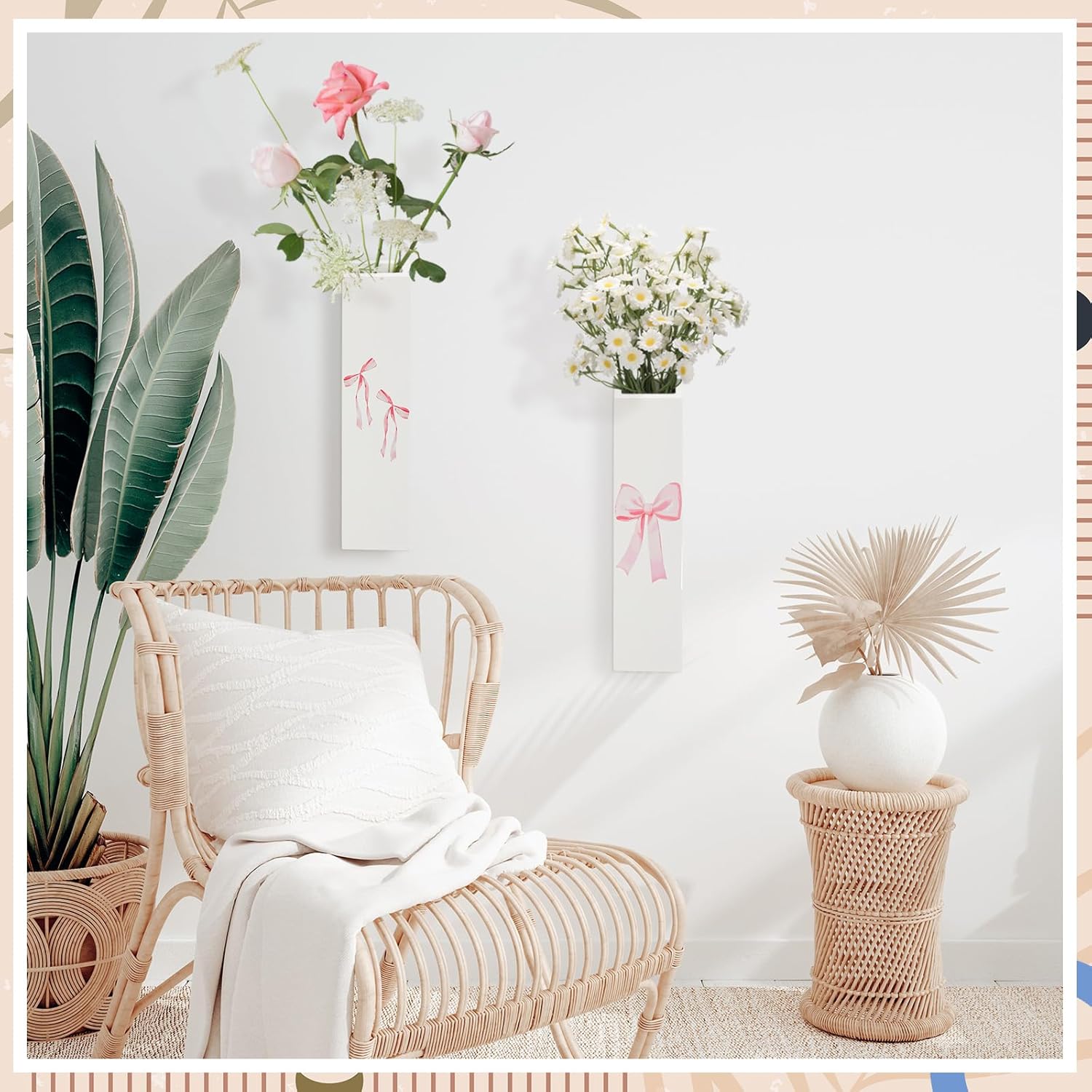 Pink Bow Vase Wood Wall Art Decor Coquette Wall Planter for Flowers Hanging Pocket  3 Pack