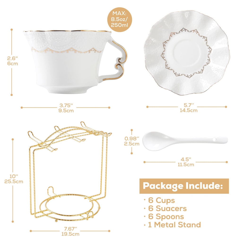 Tea Cups and Saucers with Golden Trim, Petal Edge Coffee Cups with Metal Stand