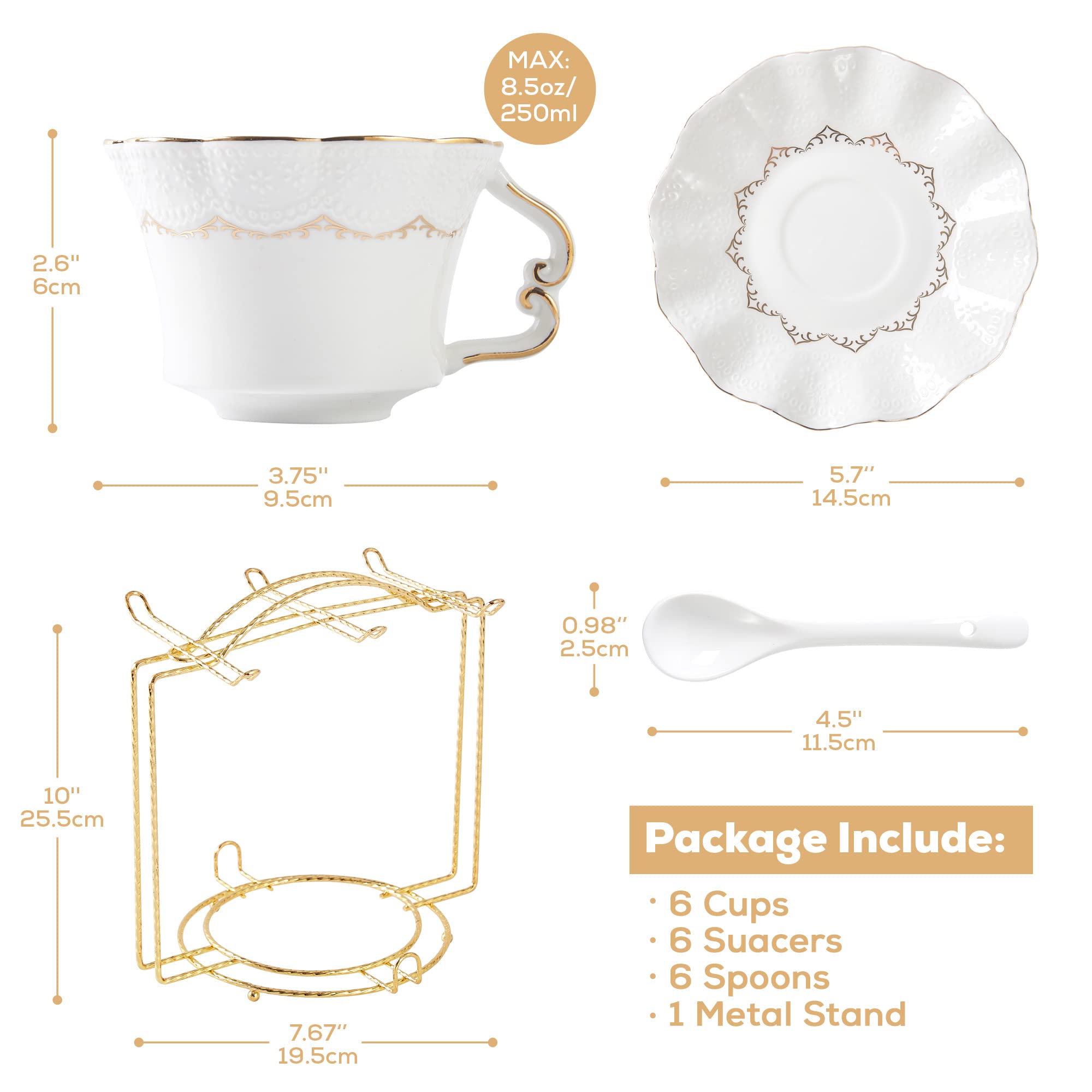 Tea Cups and Saucers with Golden Trim, Petal Edge Coffee Cups with Metal Stand