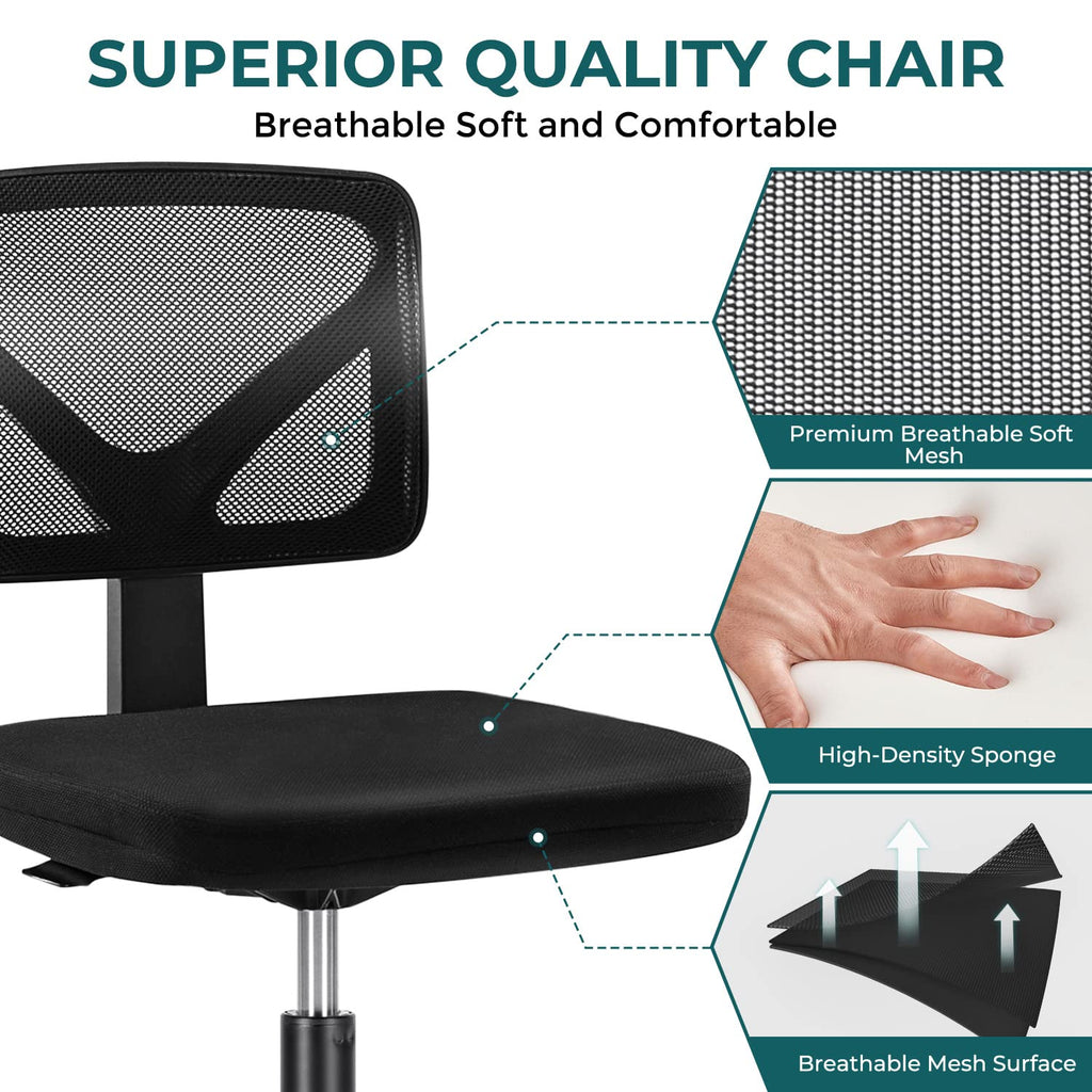 Vanity Swivel Armless Desk Chairs with Wheels, Ergonomic Adjustable Home Office Rolling Task Chair, Comfy Mesh Mid Back