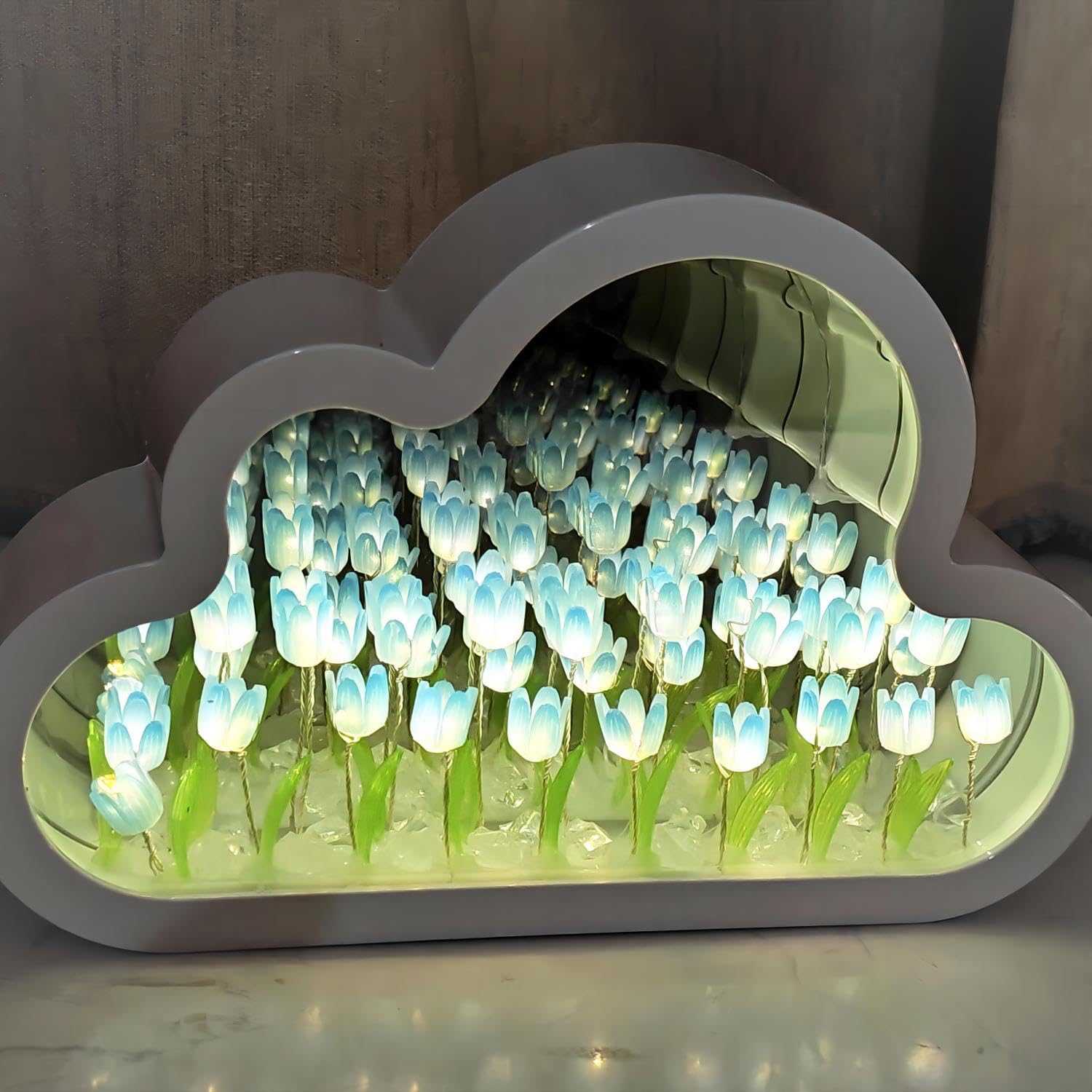 DIY Cloud Tulip Mirror Night Light, Simulation Flower Bedroom Cloud Tulip Table Lamp, Creative Home Decoration