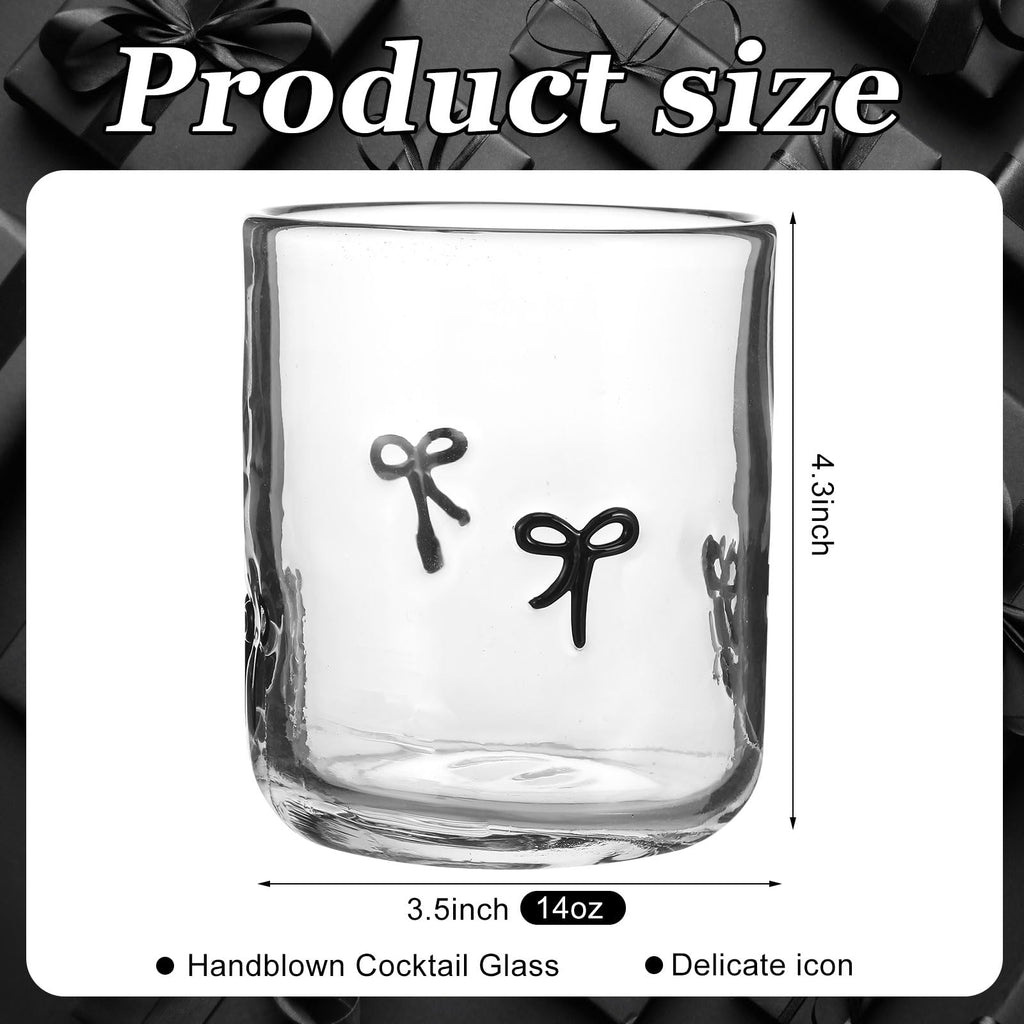 Skylety 2 Pack Bow Icon Juice Glass Coquette Bow Aesthetic Cup 14 ounce Double Old Fashioned Icon Handblown Cocktail glasses for Women Friend Party(Pink)