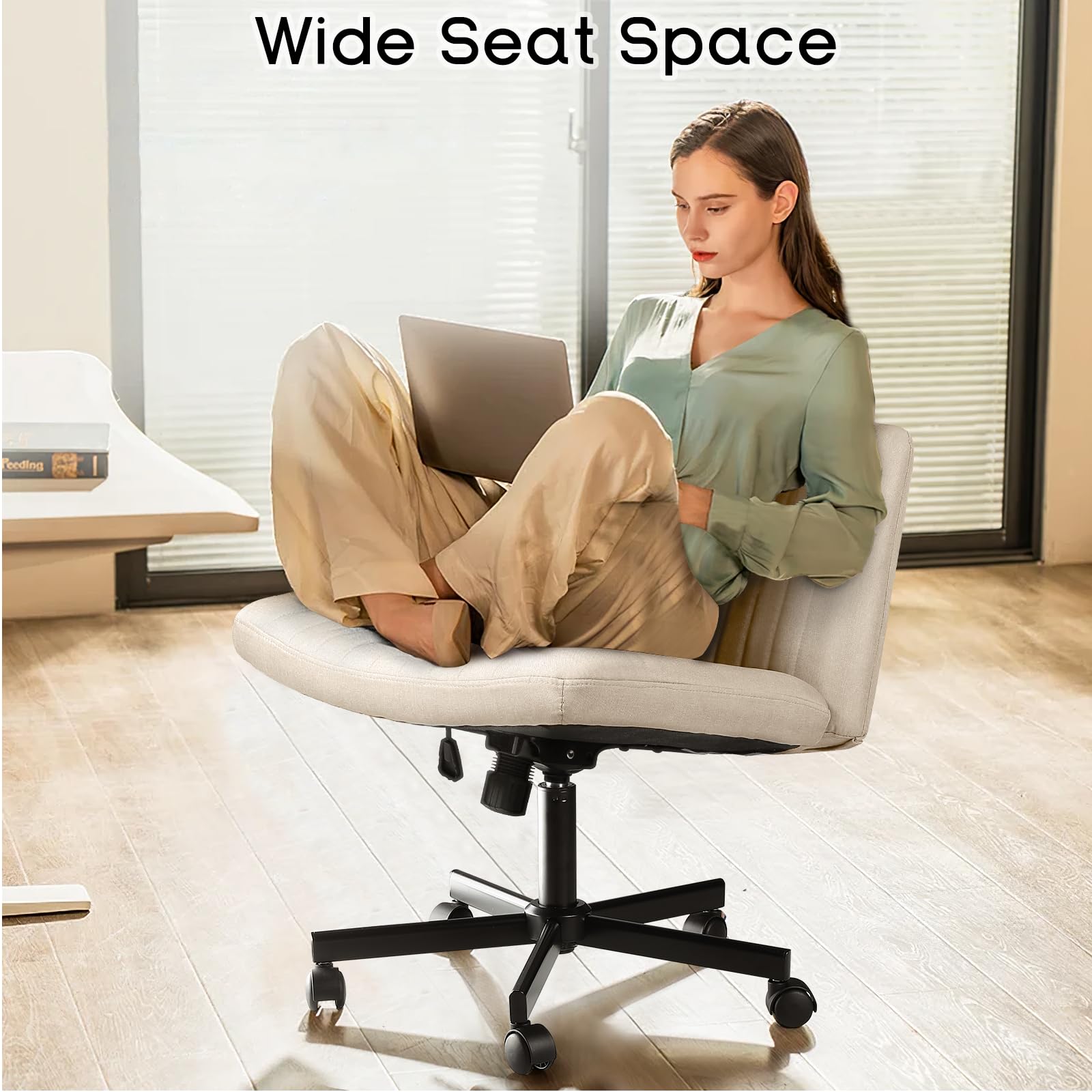 Criss Cross Chair, Armless Cross Legged Office Desk Chair No Wheels, Fabric Padded Modern Swivel Height Adjustable Mid Back Wide Seat