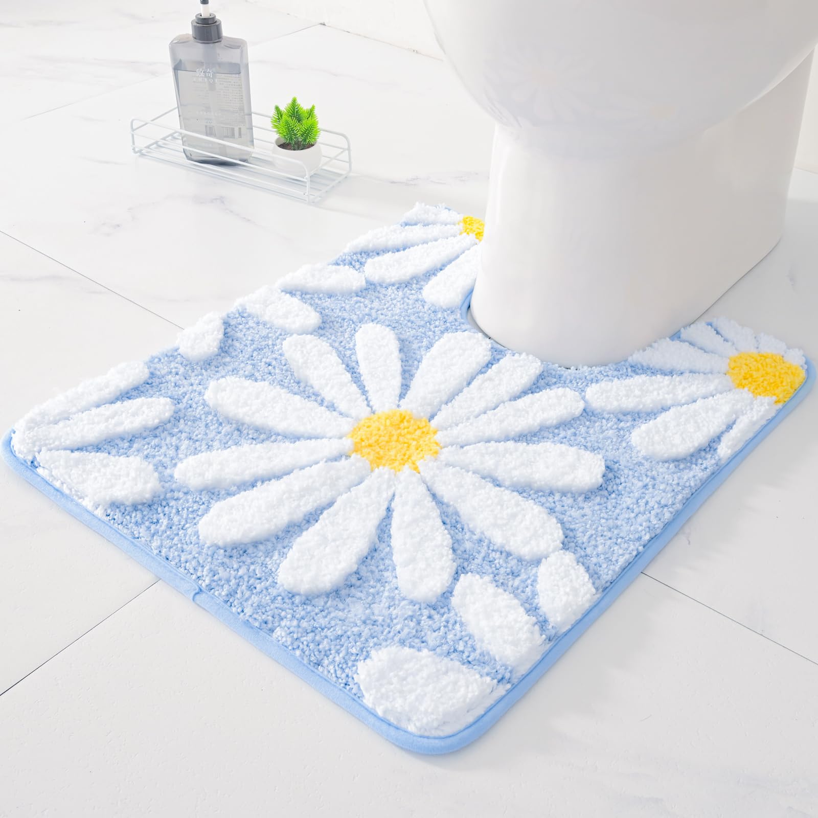U Shaped Toilet Mat Cute Daisy Contour Bath Rug 20"x20", Extra Thick Soft Machine Washable Toilet Carpet, Non Slip Bathroom Floor Mats Super Absorbent Microfiber Bath Rugs