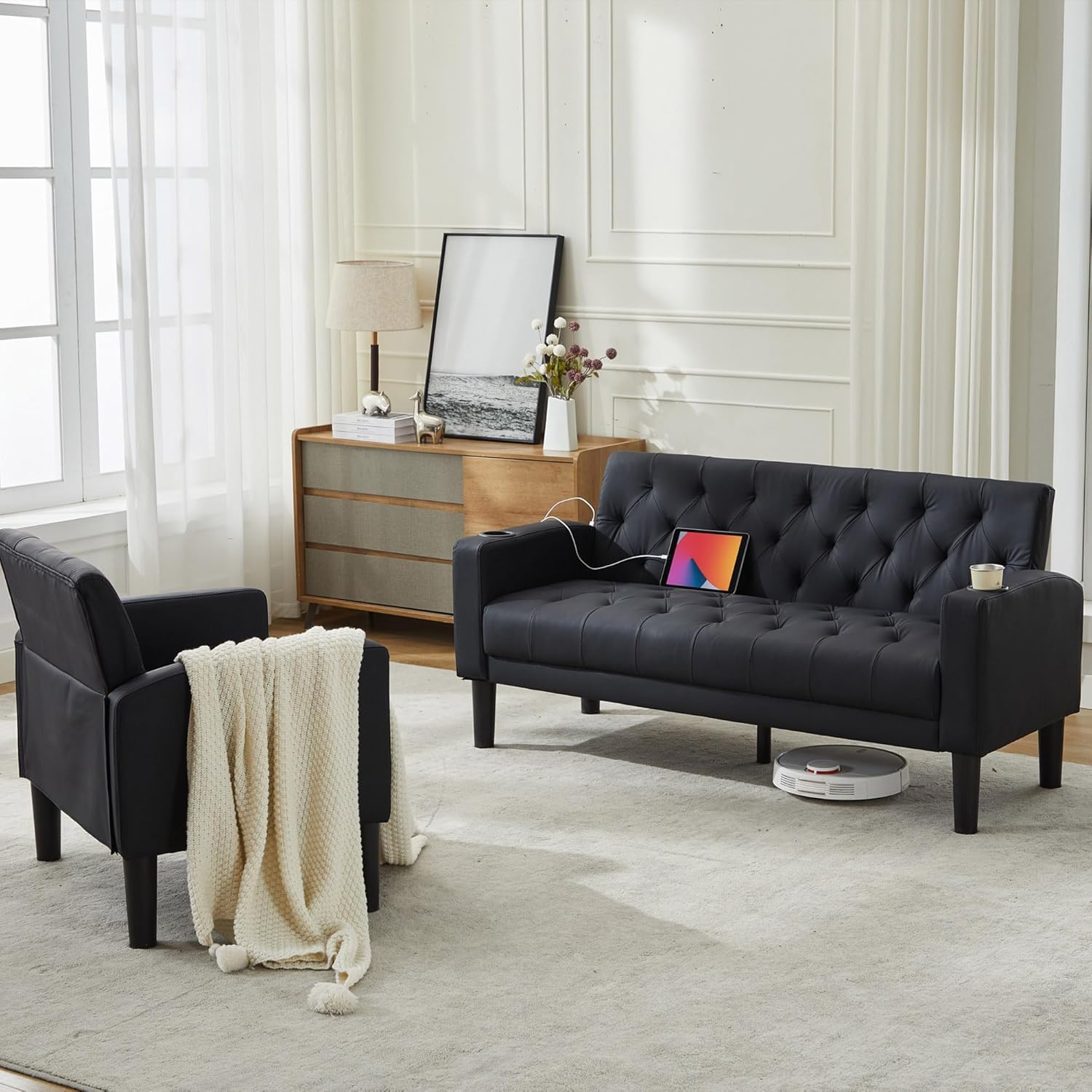 Velvet Loveseat Sofa w/ 2 USB Charger Ports and 2 Cupholders, Mid-Century Modern Tufted