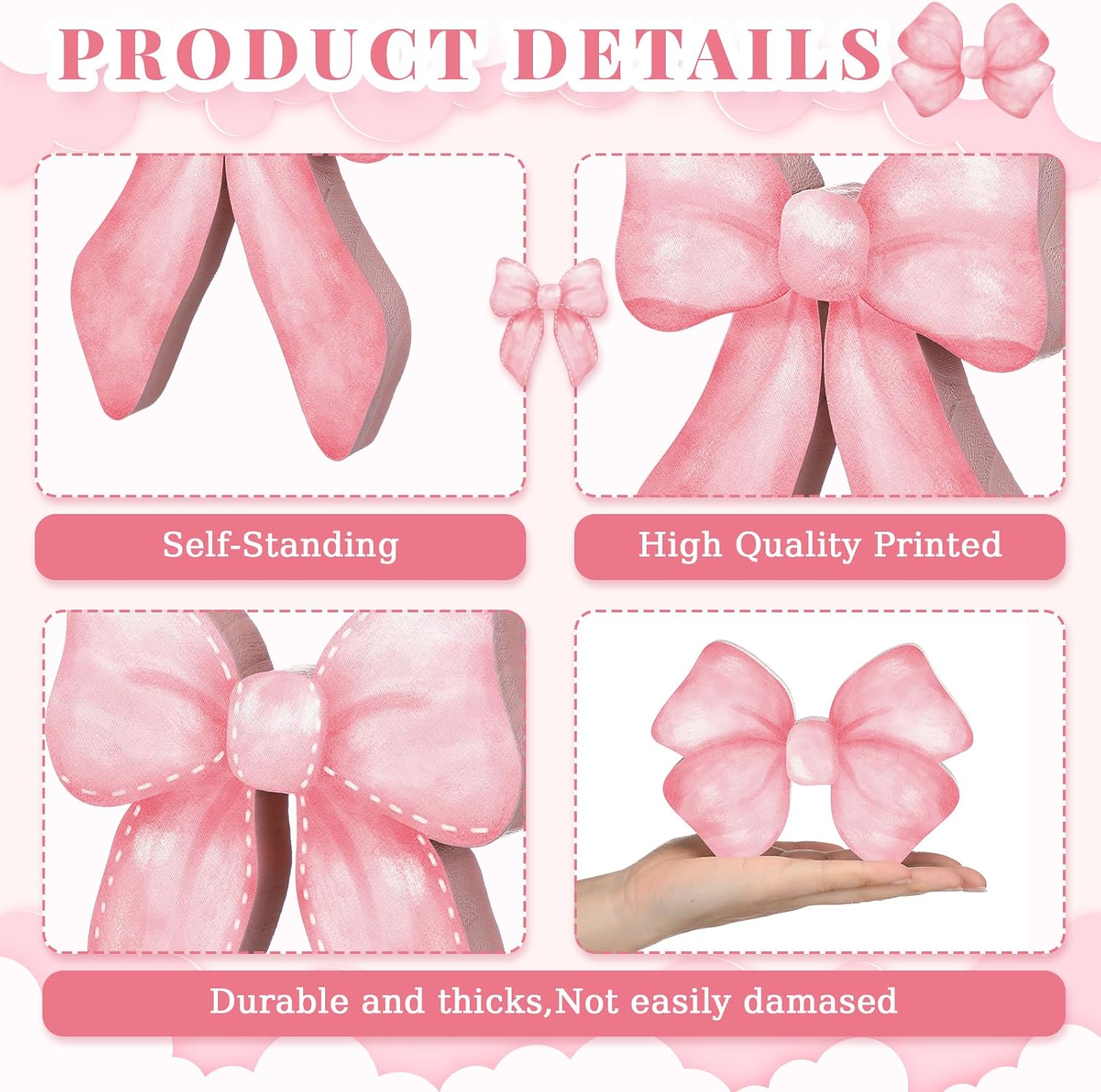 Pink Bow Coquette Room Decor Wooden Sign - Bow Tiered Tray Decor, Wall Desk Shelf Tabletop Decoration 3 Pcs