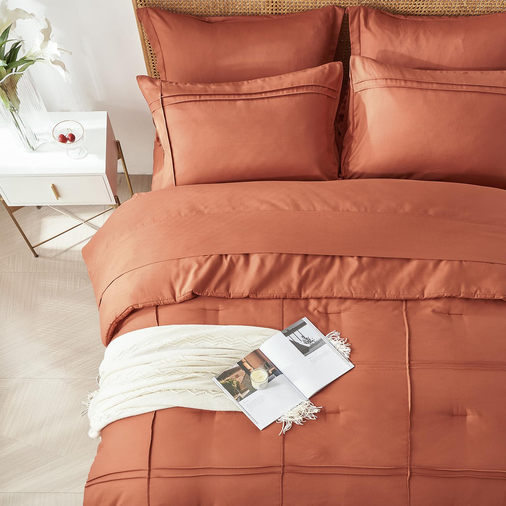 Comforter Set 7 Piece Bed in a Bag, Grid Pinch Pleat Bedding Set, Striped Textured Soft Microfiber Comforter with Sheet Set