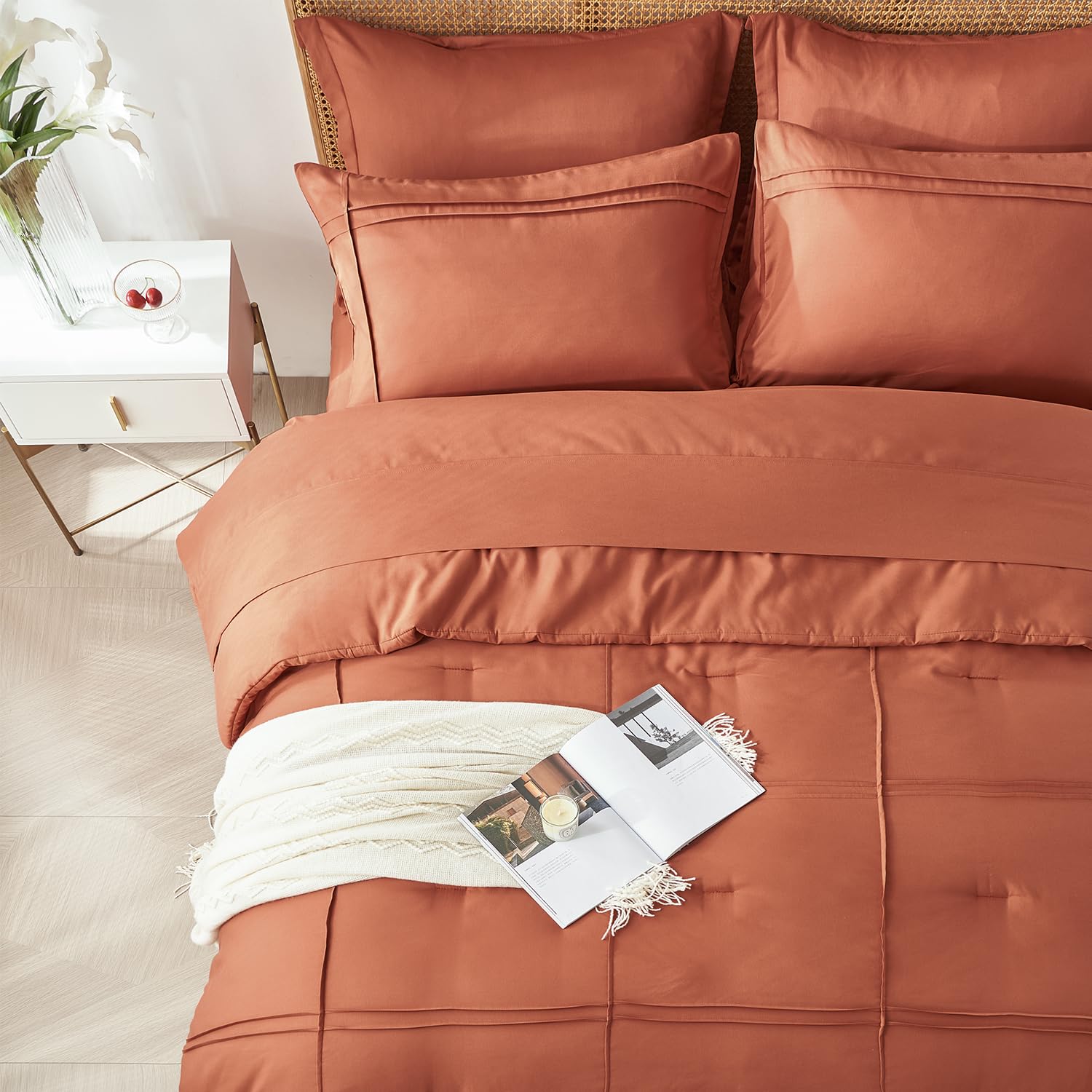 Comforter Set 7 Piece Bed in a Bag, Grid Pinch Pleat Bedding Set, Striped Textured Soft Microfiber Comforter with Sheet Set