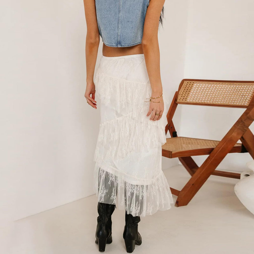 Lace Maxi Skirt High Waist Ruffle A-Line Flare Long Skirt