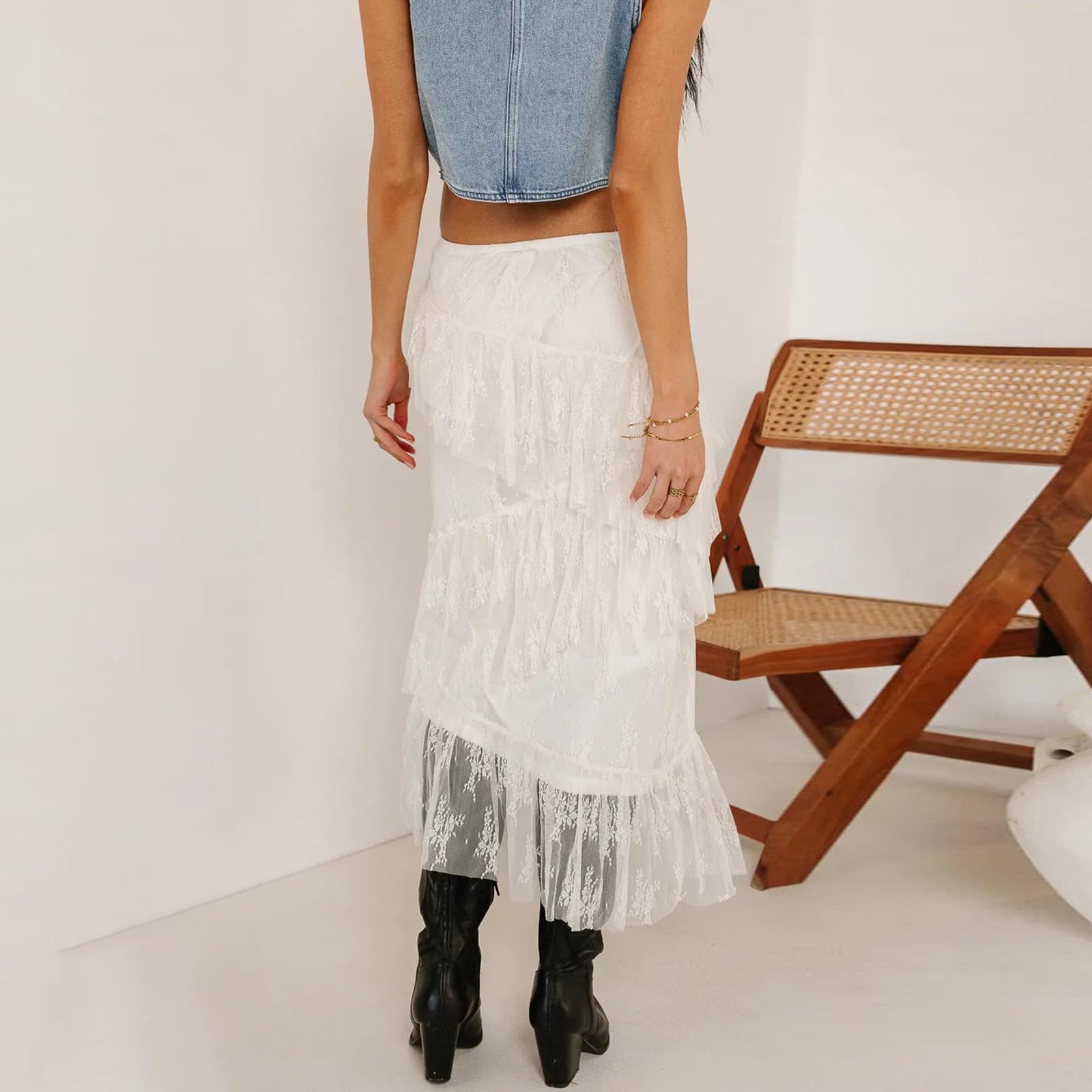 Lace Maxi Skirt High Waist Ruffle A-Line Flare Long Skirt