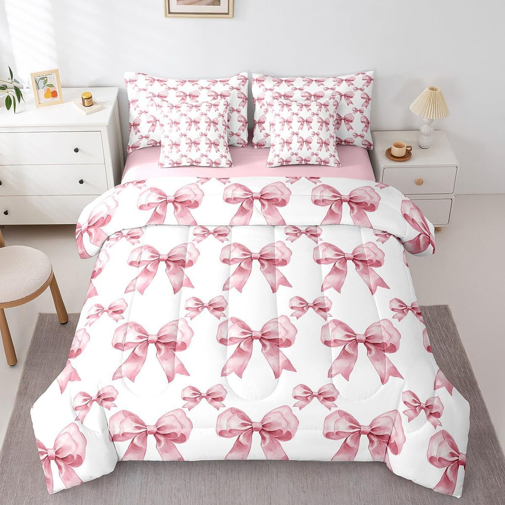 Princess Style Pink Bowknot Comforter Bedding Set, Bow Tie Pink White Dreamy Fairy Tale Bow (Comforter+Fitted+Flat Sheet+2 Pillowcases+2 Throw Pillow Covers) 7 Pieces Bed Set
