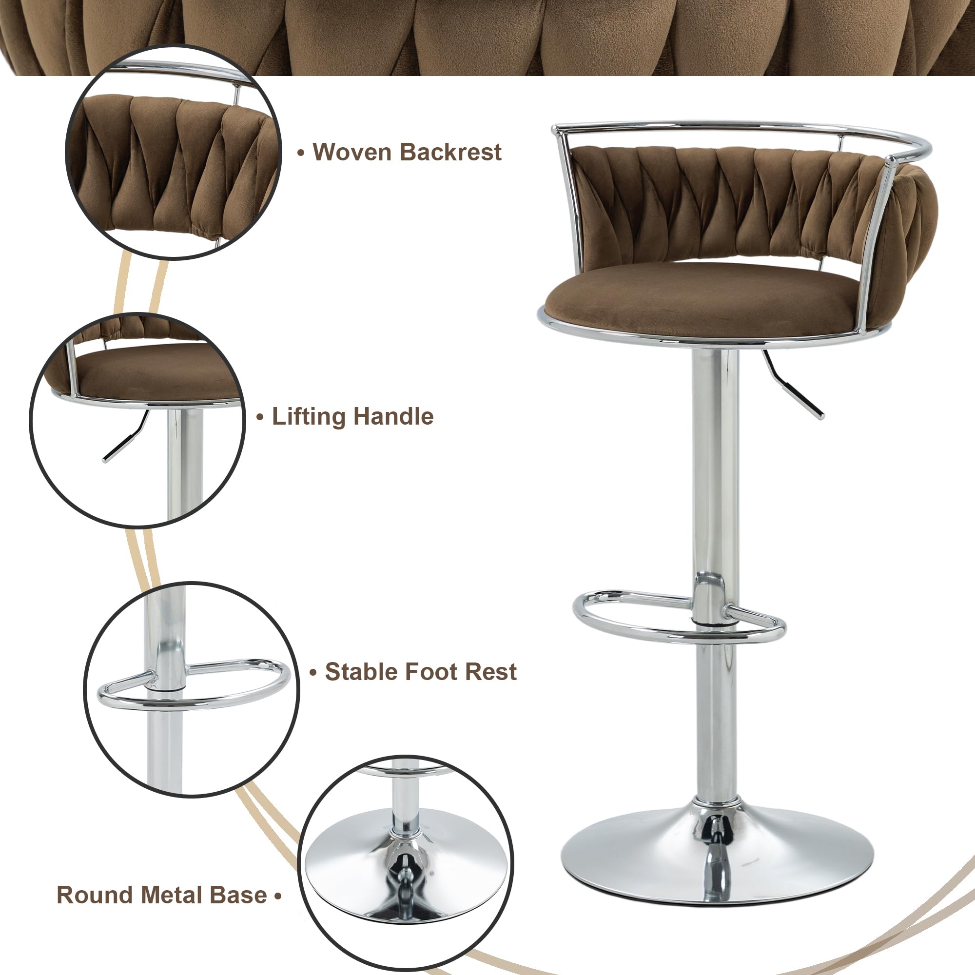 Velvet Swivel Bar Stools, Adjustable Counter Height Bar Chairs with Low Back & Footrest, Modern Gold Bar Stools for Kitchen Island, Bar Pub