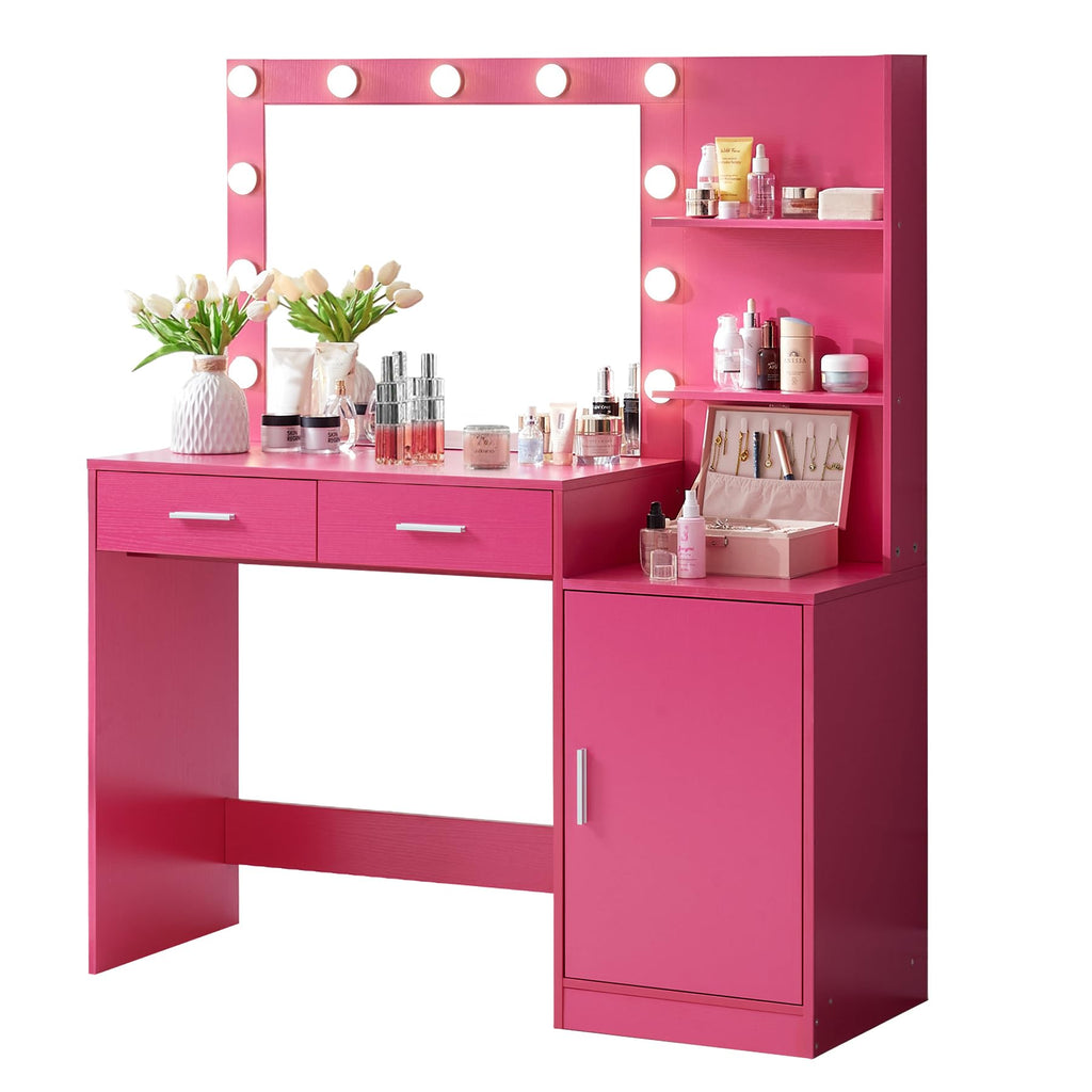 Vanity Desk with Mirror and LED Light Strip,Dressing Table with Large Drawer, 3 Level Storage Dresser & 3 Lighting Modes Adjustable Brightness
