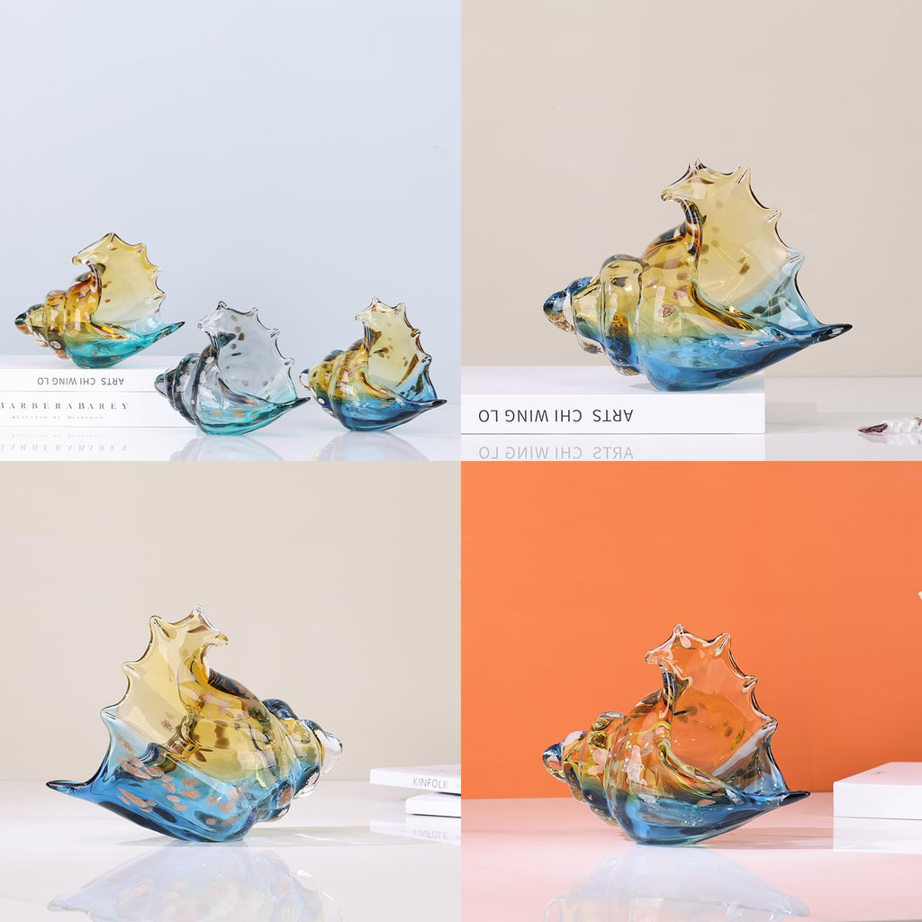 Hand Blown Glass Conch - Coastal Home Decor Conch Corners, Glass Art Conch Sculptures, Office Decor Blown Glass Art, Living Room Table Centerpieces, Bathroom Shelf Tops And Cabinet Decor