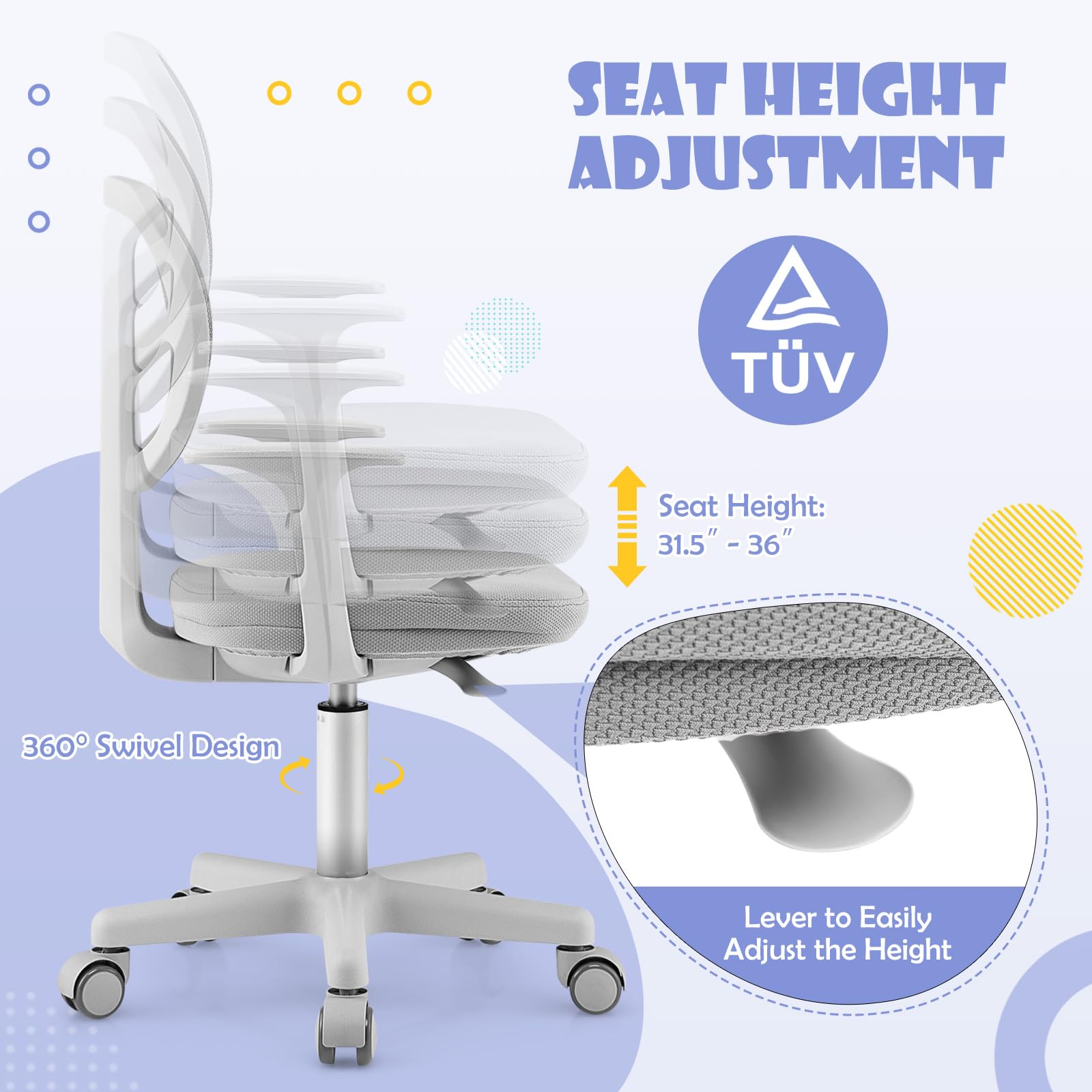 Swivel Adjustable Mesh Study Chair with Wheels & Arms, Ergonomic Computer Task Chair with Lumbar Support