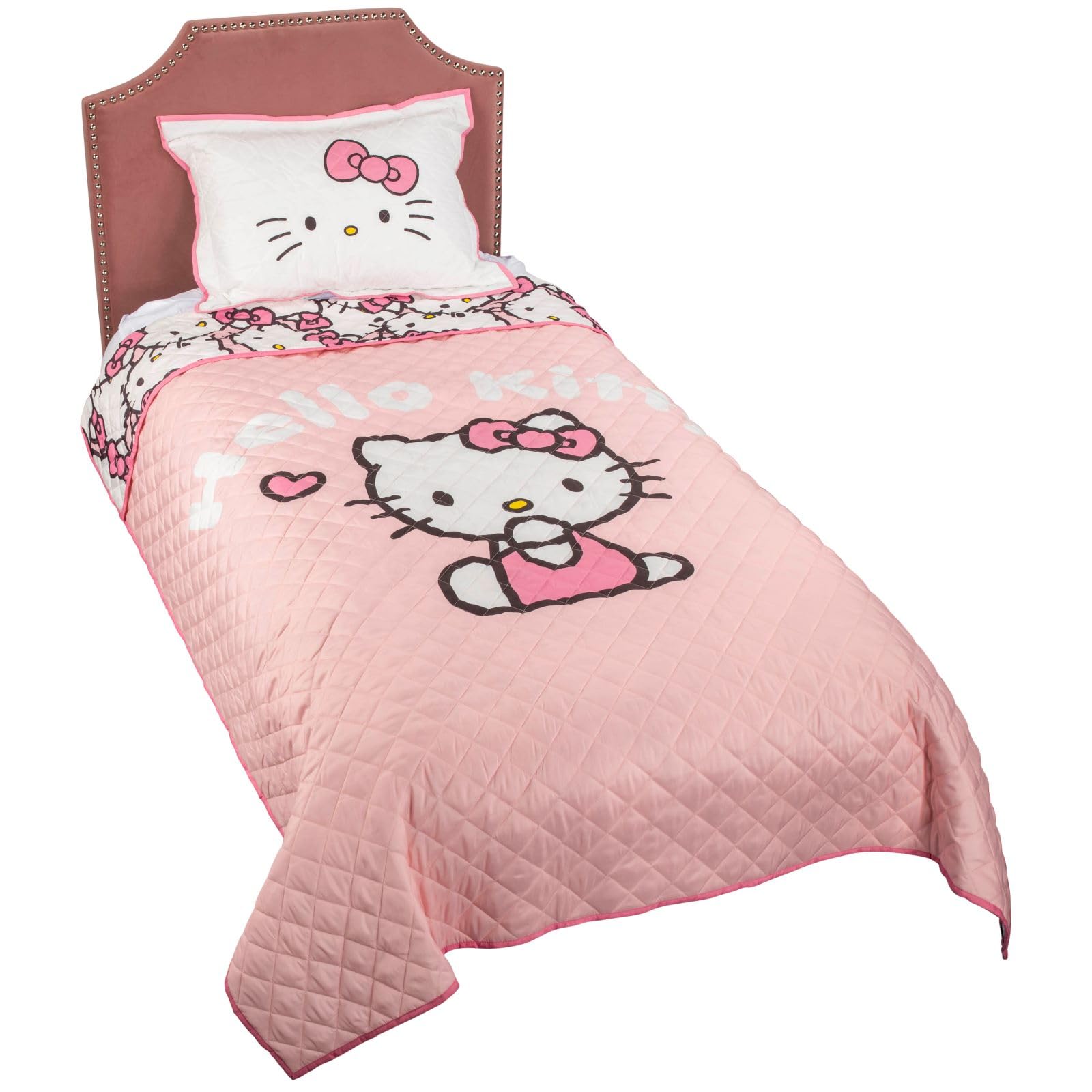 Hello Kitty Pink Stripes & Hearts Quilt & Sham Set - Super Soft Lightweight Bedspread Set