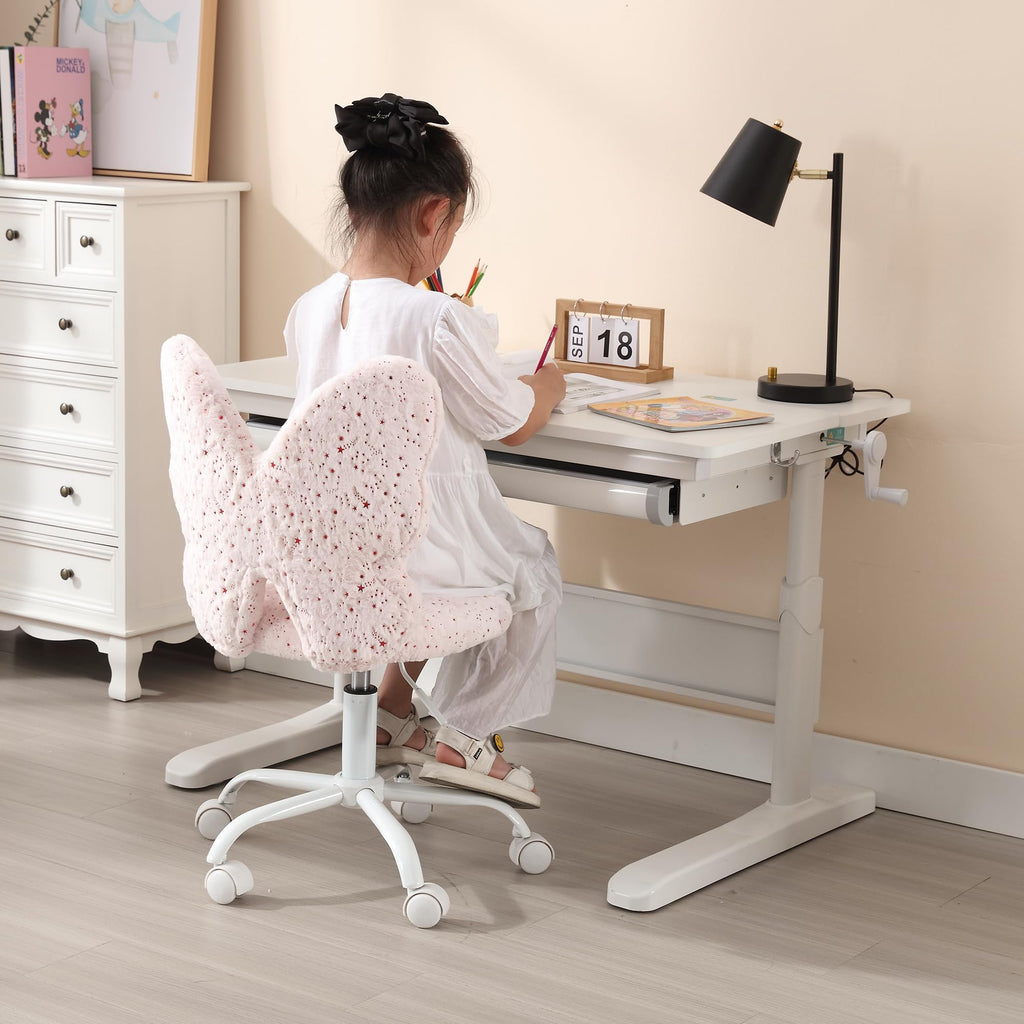 Kids Desk Chair Butterfly Faux Fur Study Chair Adjustable Vanity Chair, Small Cute Student Task Chair with White Foot