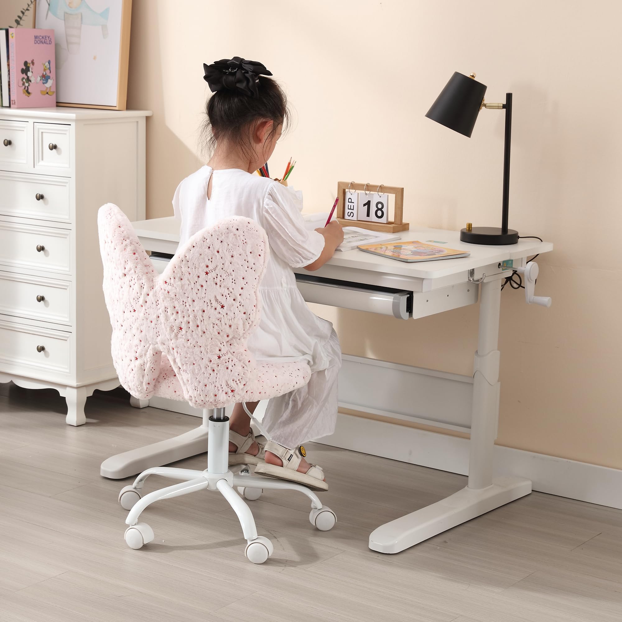 Kids Desk Chair Butterfly Faux Fur Study Chair Adjustable Vanity Chair, Small Cute Student Task Chair with White Foot