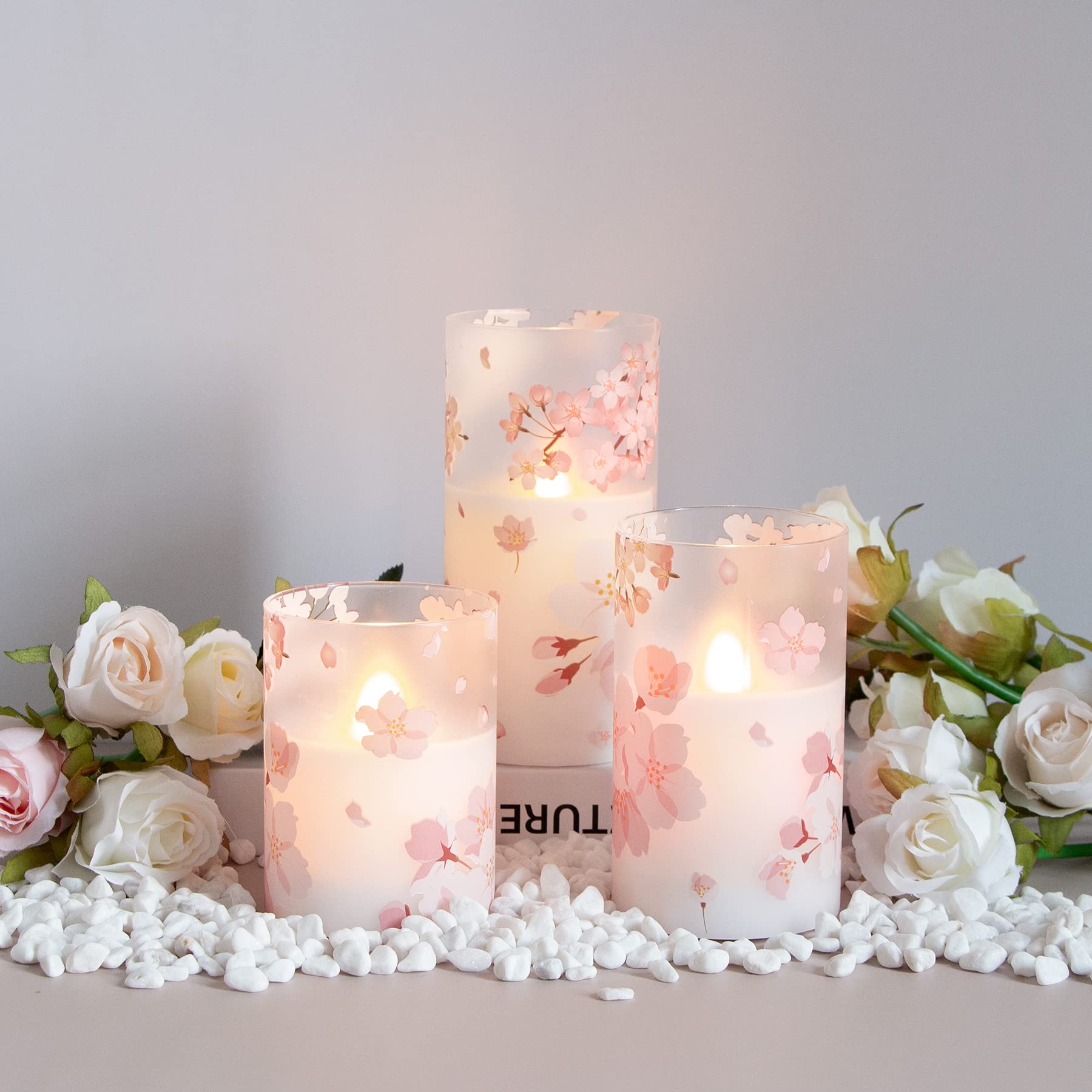 Cherry Blossoms LED Battery Operated Real Wax Set of 3 Realistic Wick Electric Pillar Candles,Warm Fire(3 x 4, 5, 6 Inches)