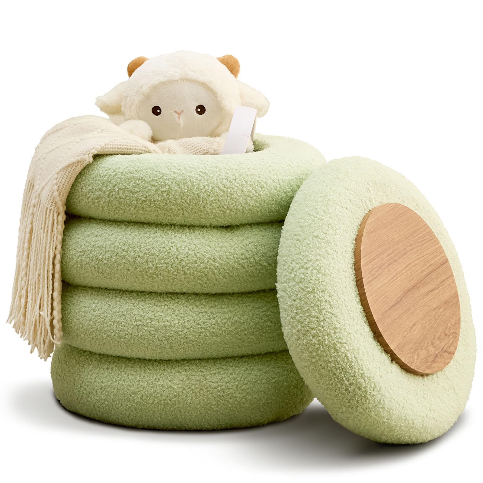 Round Storage Ottoman, Modern Sherpa Footstool with Flip-Top