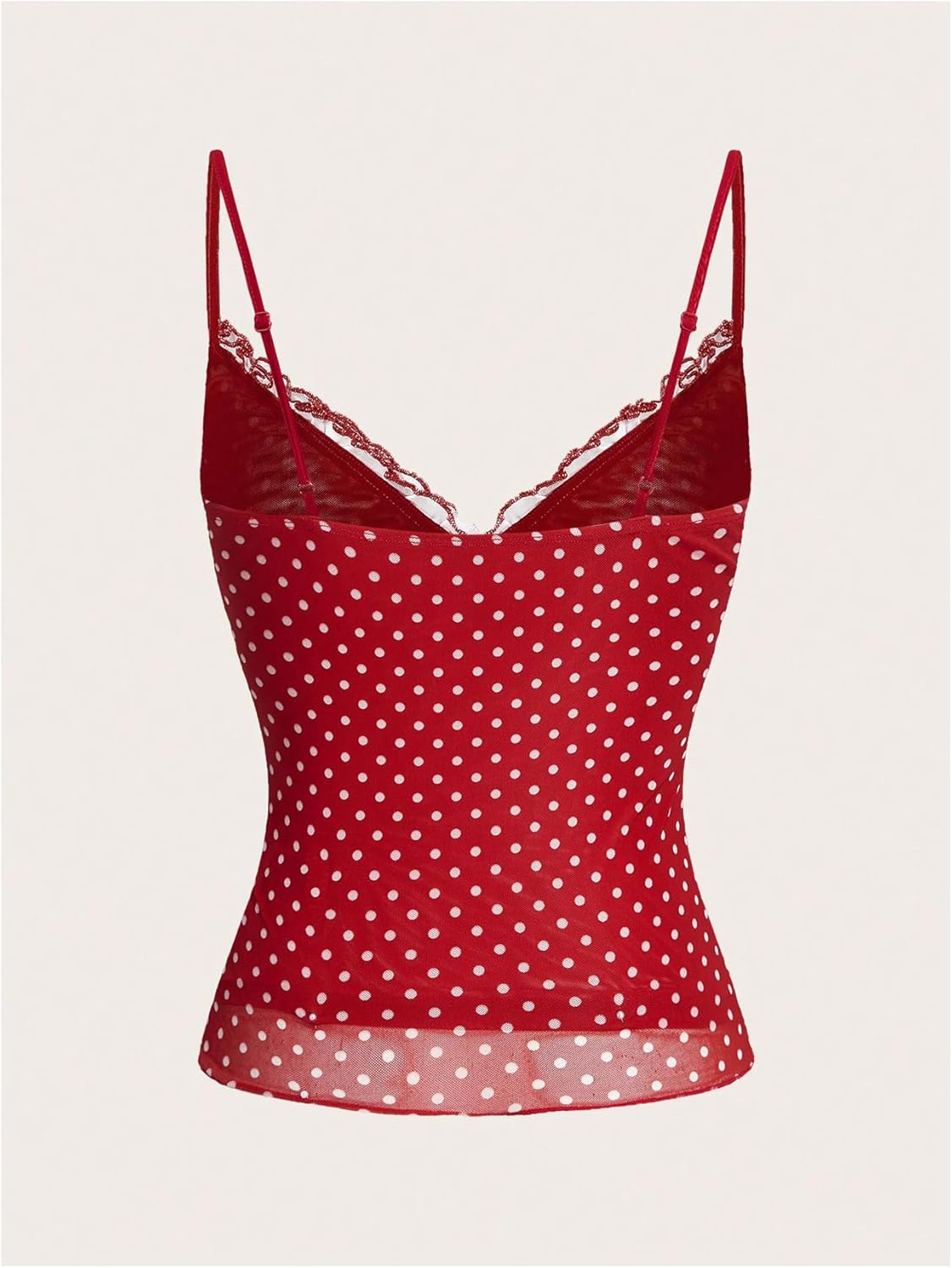 Women's Polka Dots Cami Tops Coquette Mesh Lace Trim V Neck Ruffle Hem Camisole Spaghetti Strap Y2k Tops