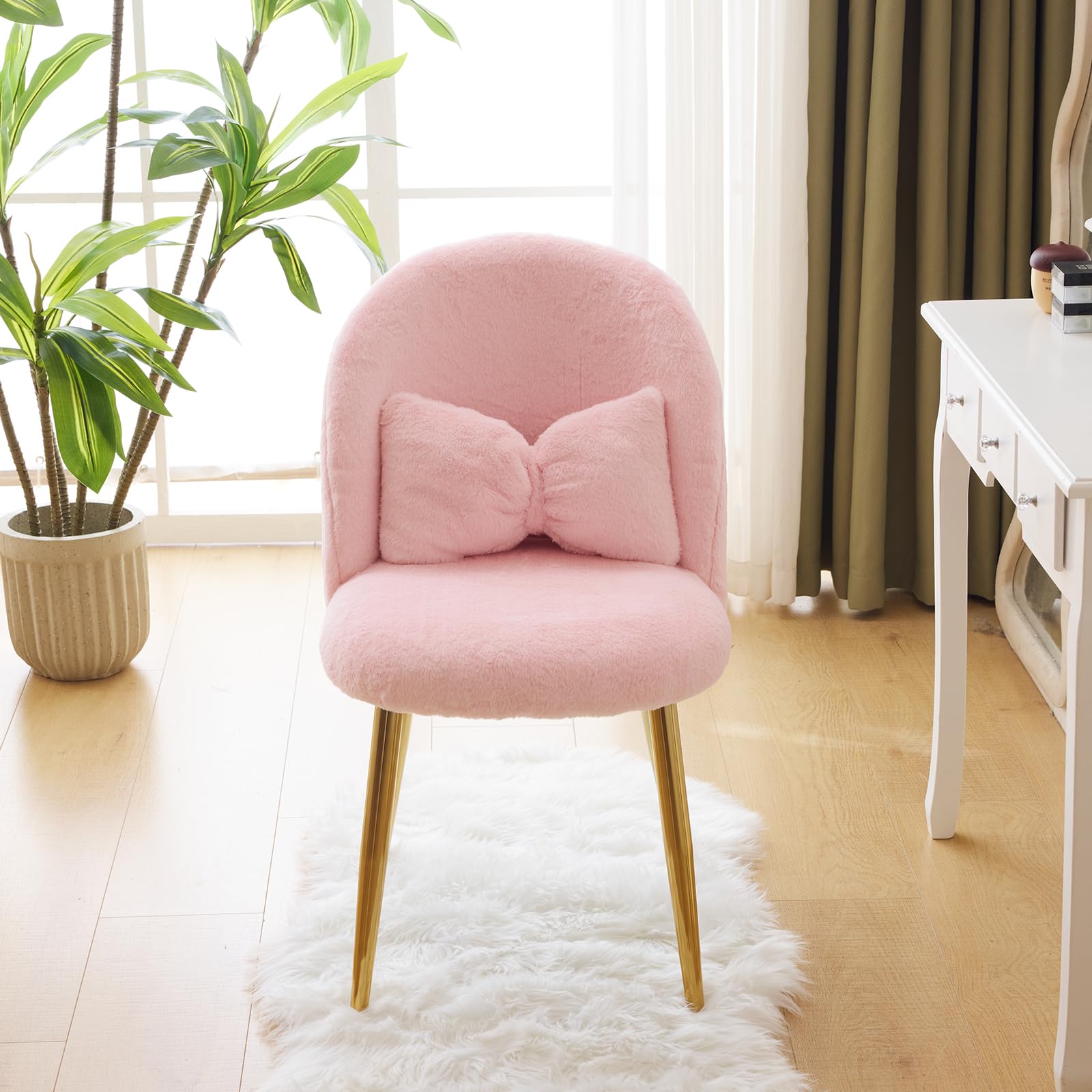 Cute, non-wheeled desk chair with backrest, fluffy cushion, cozy makeup chair with adjustable golden legs