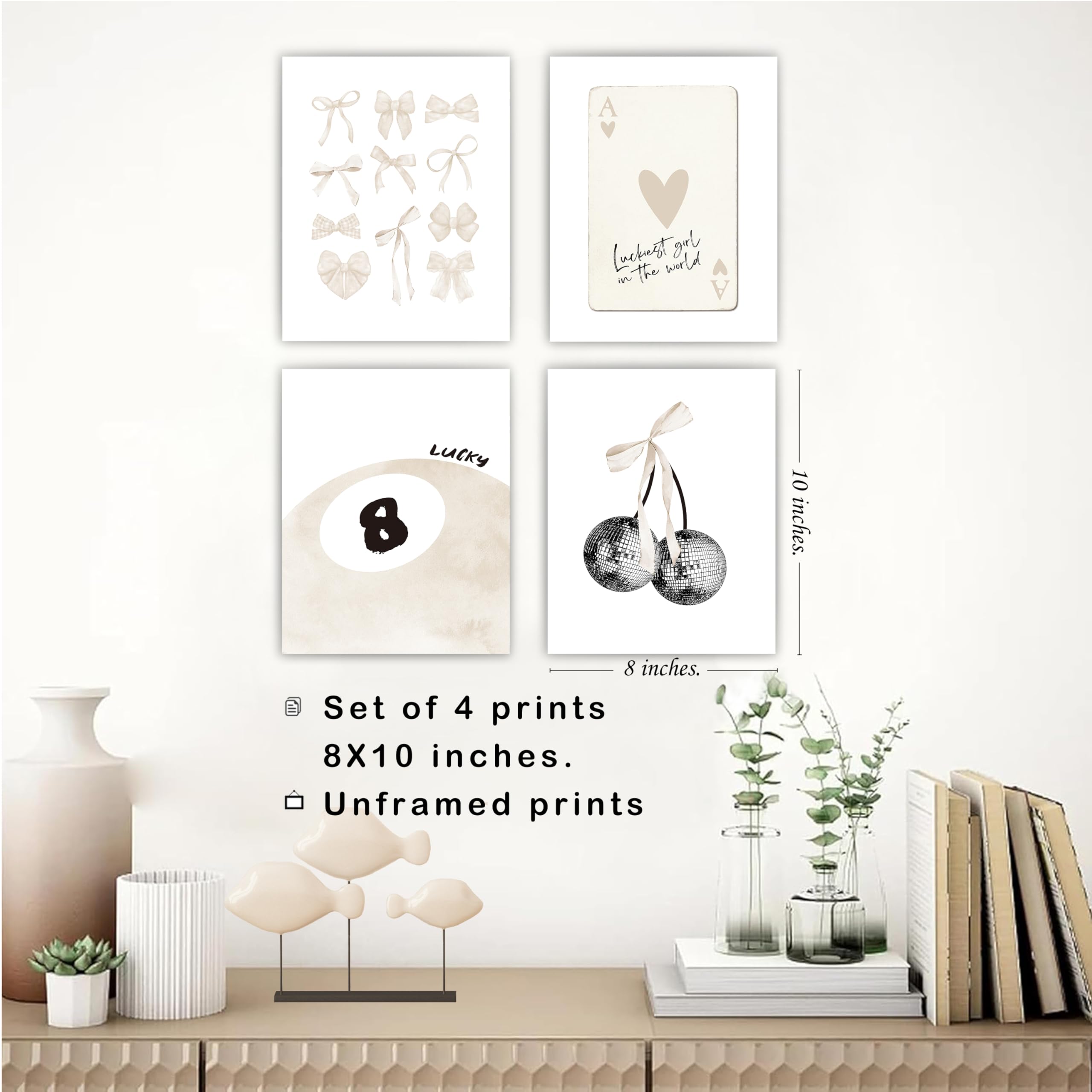 Set of 4 Coquette Preppy Wall Art Prints â€?8x10 Unframed Posters Featuring Bow, Disco, 8-Ball, and Cherry Designs Room Decor