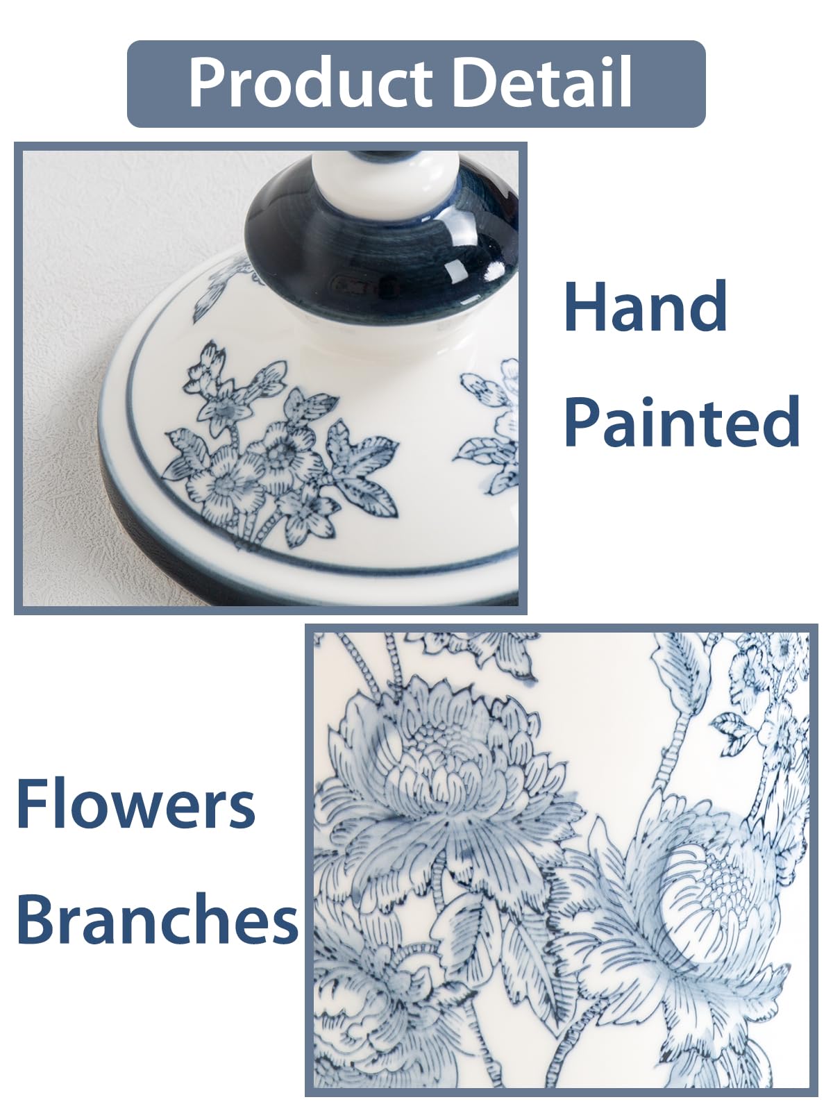 Chinoiserie Blue and White Jar Vase Decor, Ceramic Decorative Jars with Lid, 12x6 Inch, Flowers and Branches