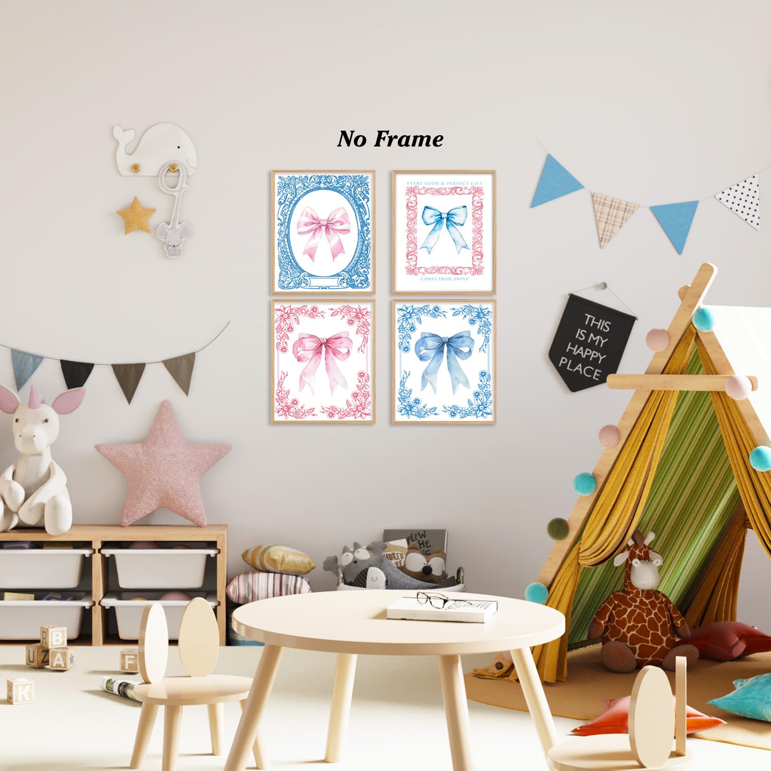 Porcelain Chinoiserie Posters Bow Wall Prints Unframed, 8x10 Blue Print Set Of 4, Pink Bow Coquette Room Decor