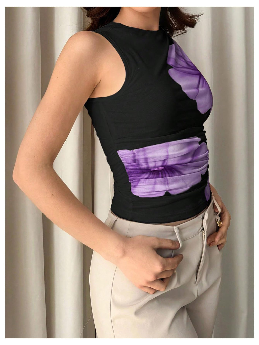 Women's Flower Print Mesh Top Sleeveless Mock Neck Ruched Tank Tops