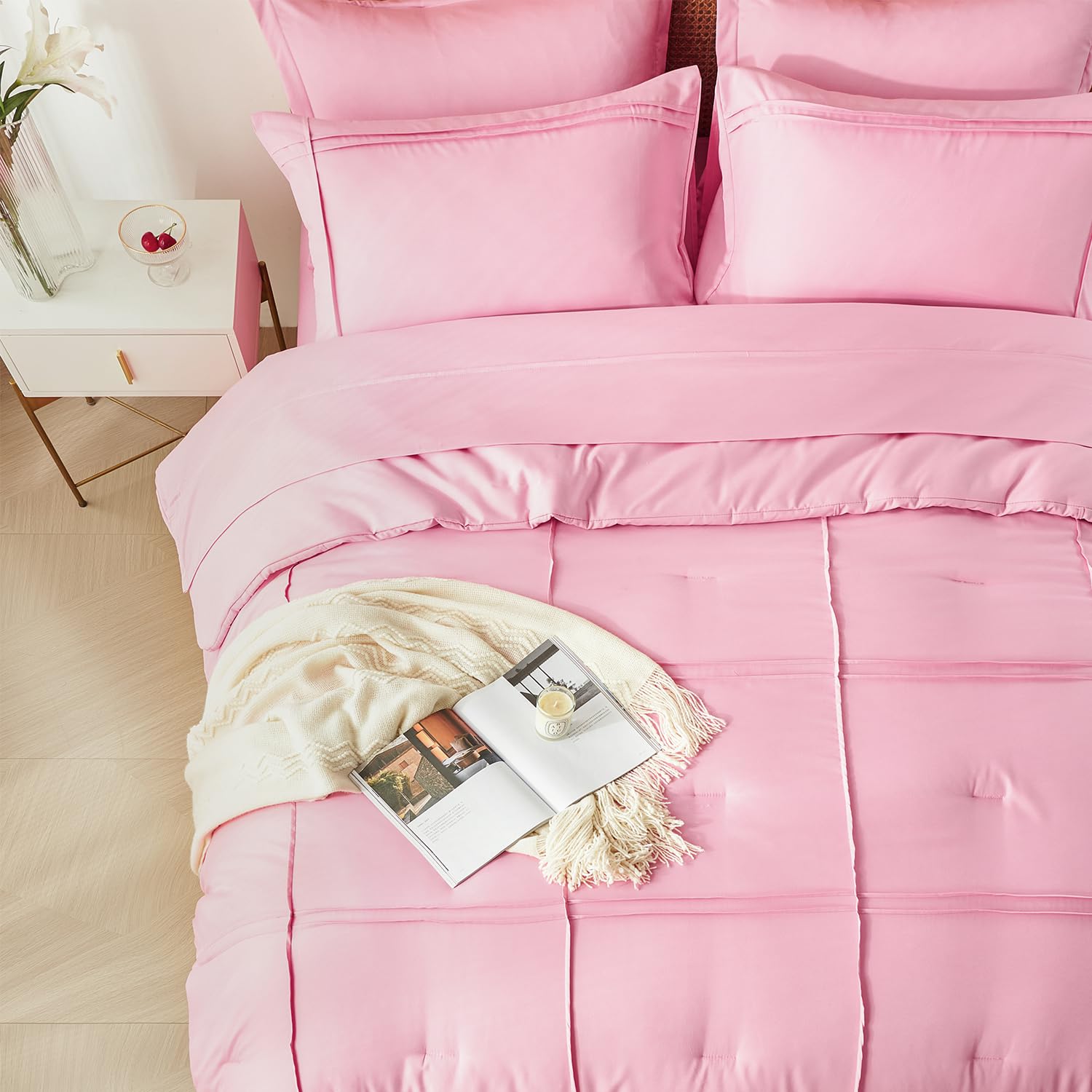 Comforter Set 7 Piece Bed in a Bag, Grid Pinch Pleat Bedding Set, Striped Textured Soft Microfiber Comforter with Sheet Set