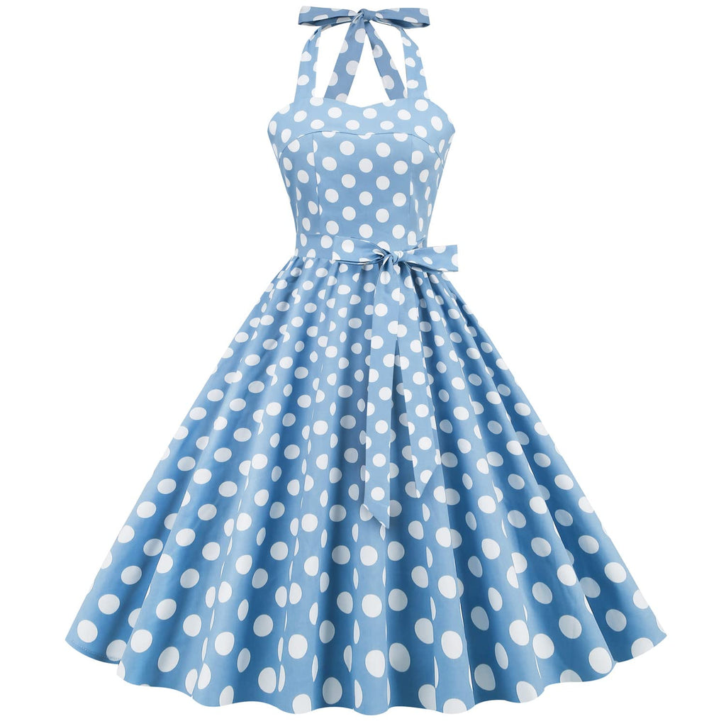 Vintage Women 1950s Rockabilly Swing Dress Pinup 50s Retro Hepburn Style Halterneck A-Line Dresses