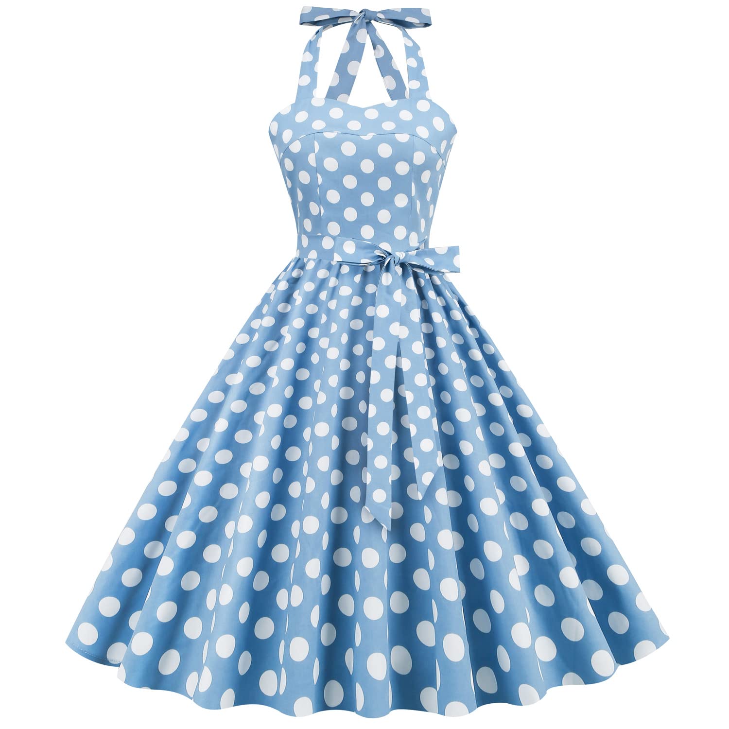 Vintage Women 1950s Rockabilly Swing Dress Pinup 50s Retro Hepburn Style Halterneck A-Line Dresses