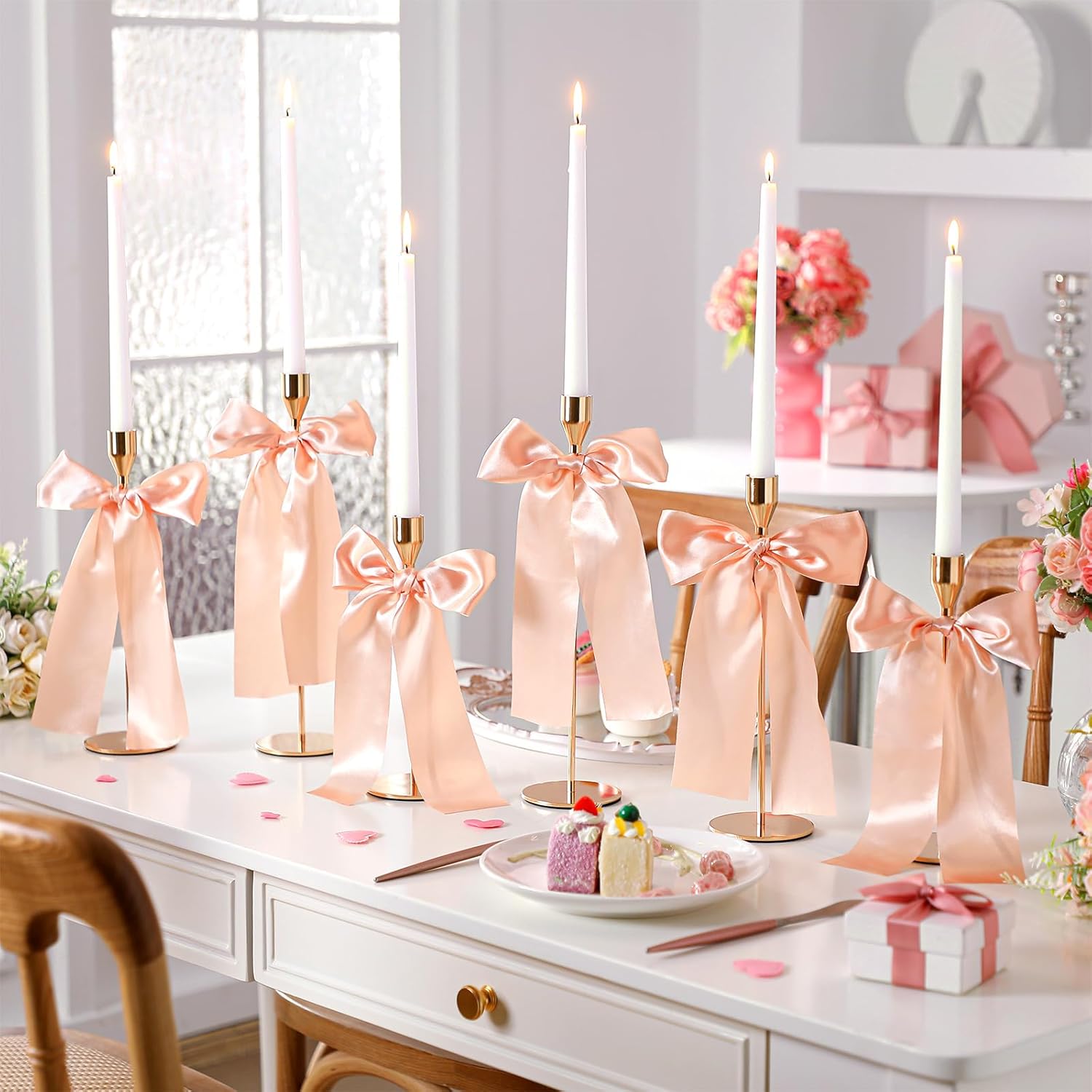 Gold Candlestick Holders with Stain Bow and Long Candles Metal Taper Candle Holders Champagne Pink Satin Bow Coquettish Decor