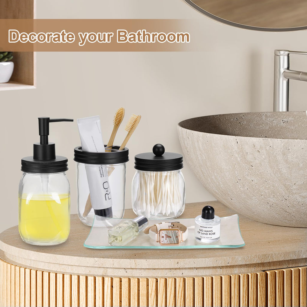 Glass Bathroom Accessories Set 4PCS Bathroom Accessories Set with Soap Dispenser Toothbrush Holder Qtip Holder & Vanity Tray