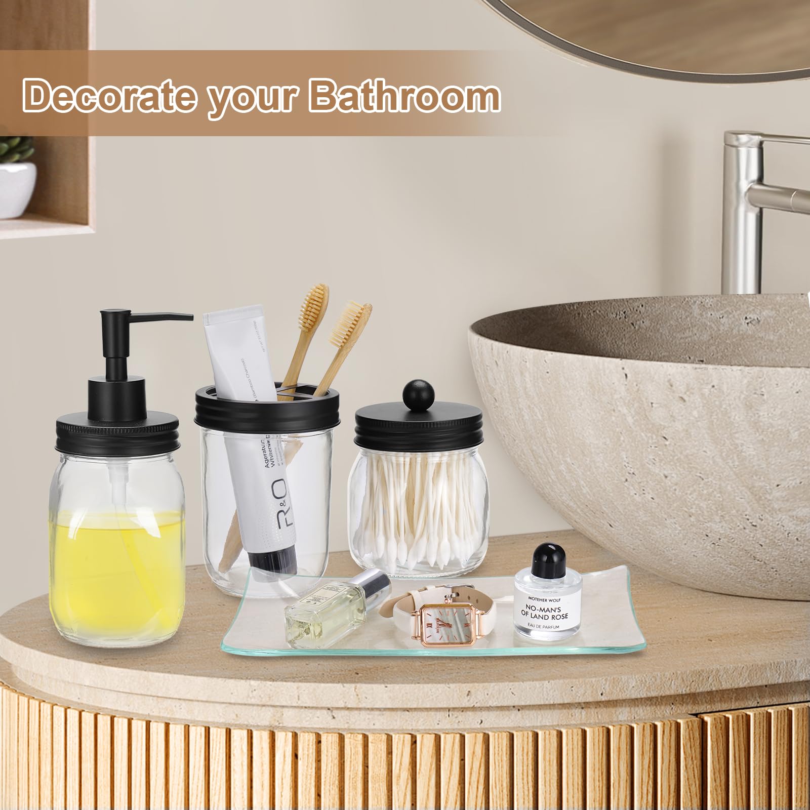 Glass Bathroom Accessories Set 4PCS Bathroom Accessories Set with Soap Dispenser Toothbrush Holder Qtip Holder & Vanity Tray
