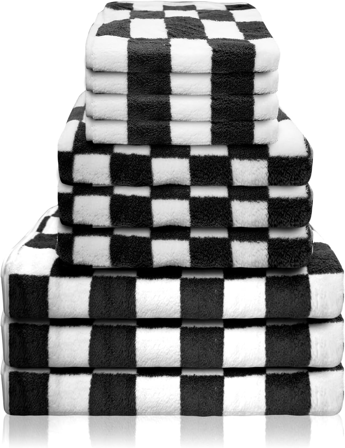 Checkered 10 Pcs Bath Towels Set Lightweight Soft Coral Fleece Flower Washcloth Quick Dry Bathroom Towel for Bathroom, Gym, Spa, Beach,(Black, Checkered)