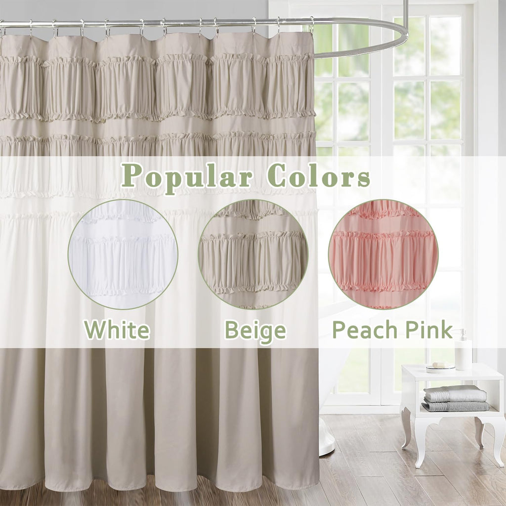 Ruched Ruffled Shower Curtain 72" W x 72" H, Microfiber Rustic Decorative Bath Curtain Boho Décor