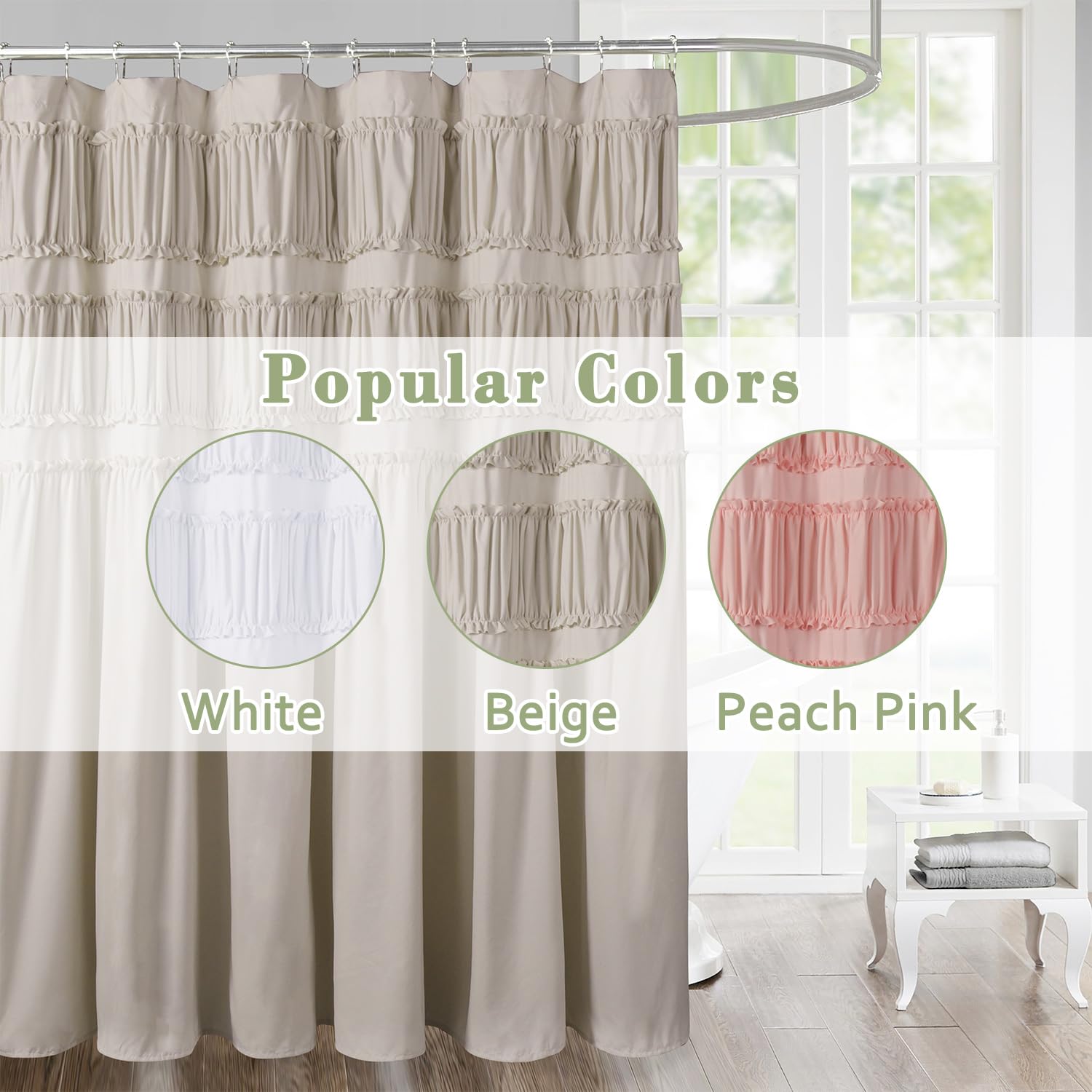 Ruched Ruffled Shower Curtain 72" W x 72" H, Microfiber Rustic Decorative Bath Curtain Boho Décor